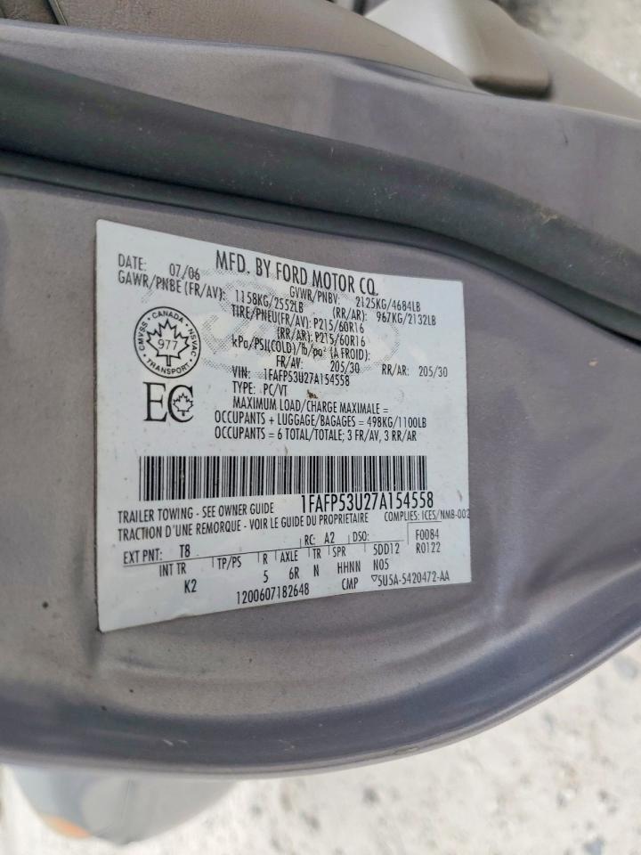 2007 Ford Taurus Se Gray vin: 1FAFP53U27A154558