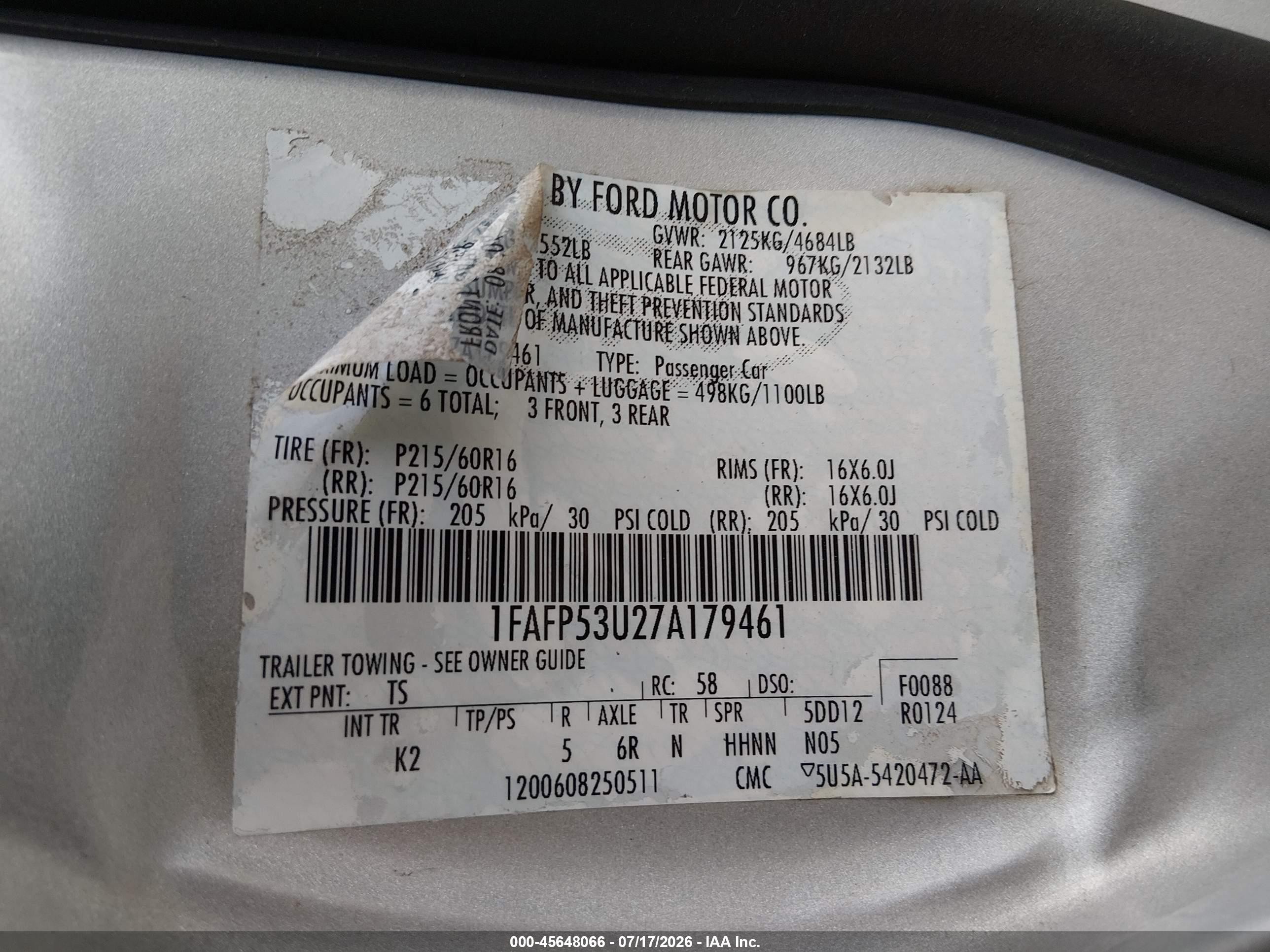2007 Ford Taurus Se Silver vin: 1FAFP53U27A179461