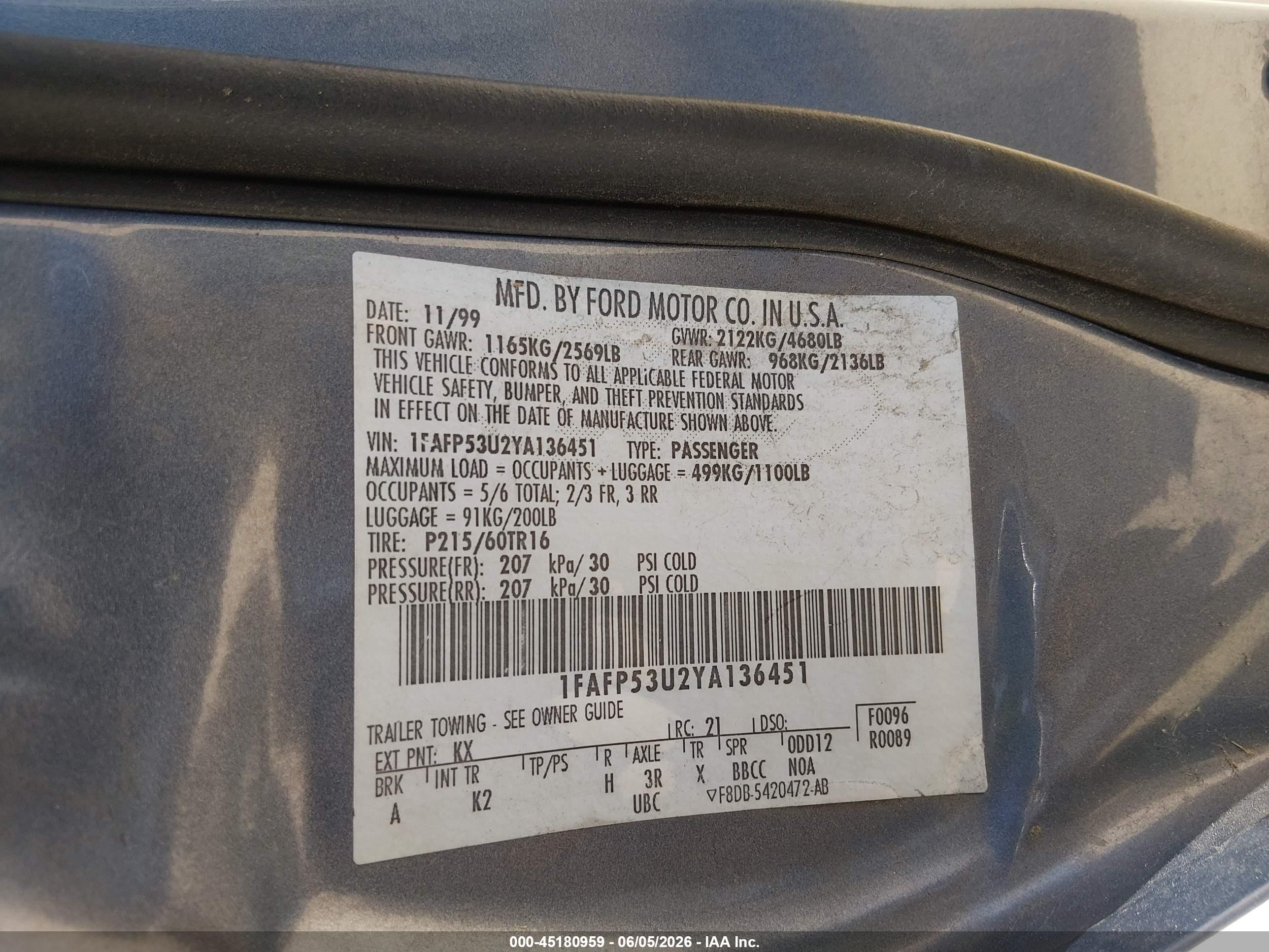 2000 Ford Taurus Se Blue vin: 1FAFP53U2YA136451