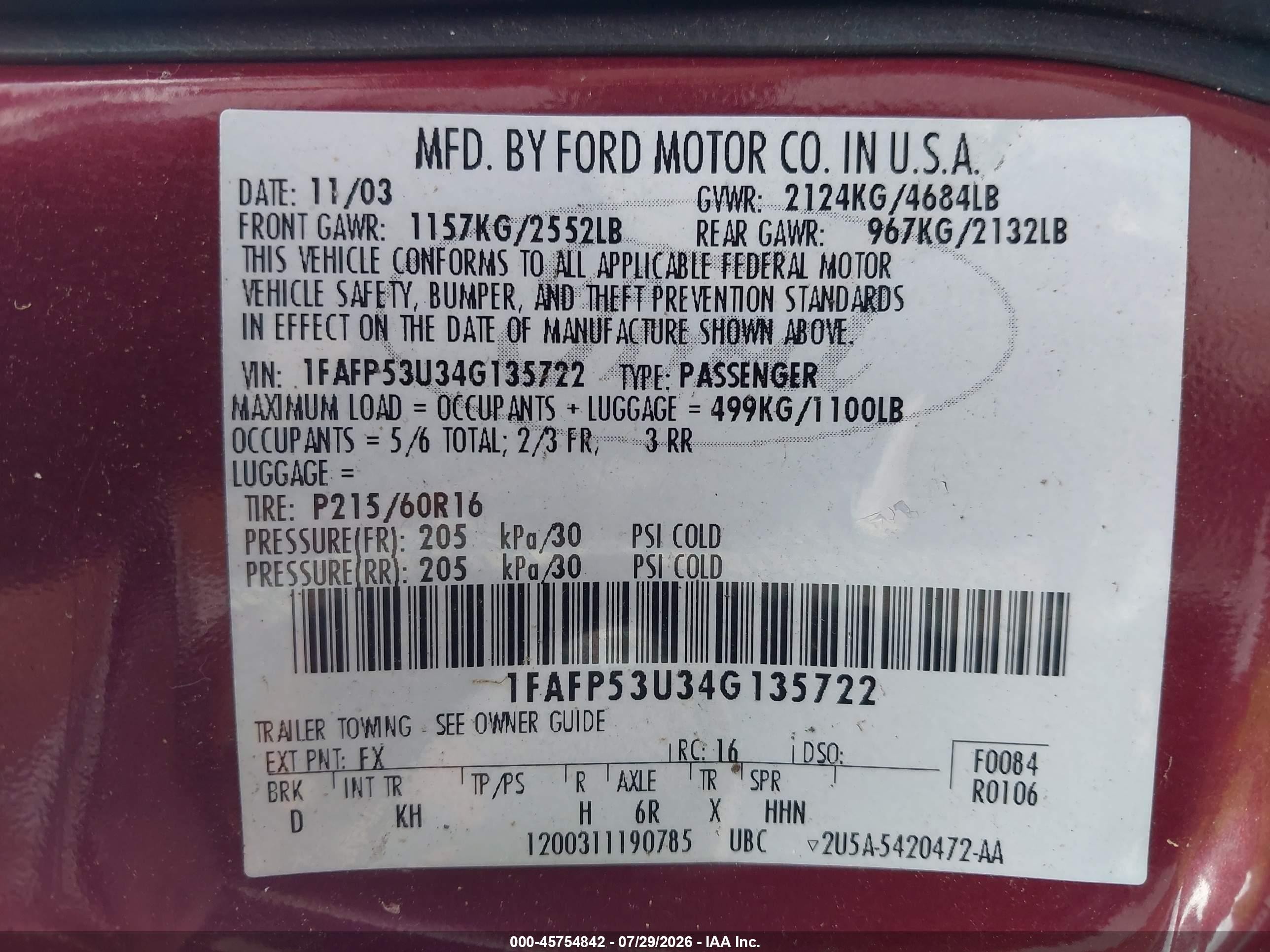 2004 Ford Taurus Se Maroon vin: 1FAFP53U34G135722