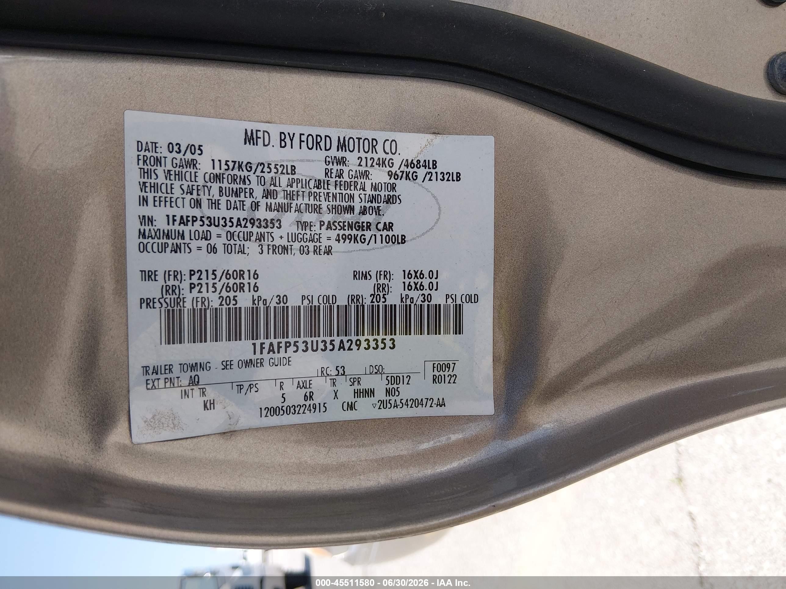 2005 Ford Taurus Se Tan vin: 1FAFP53U35A293353