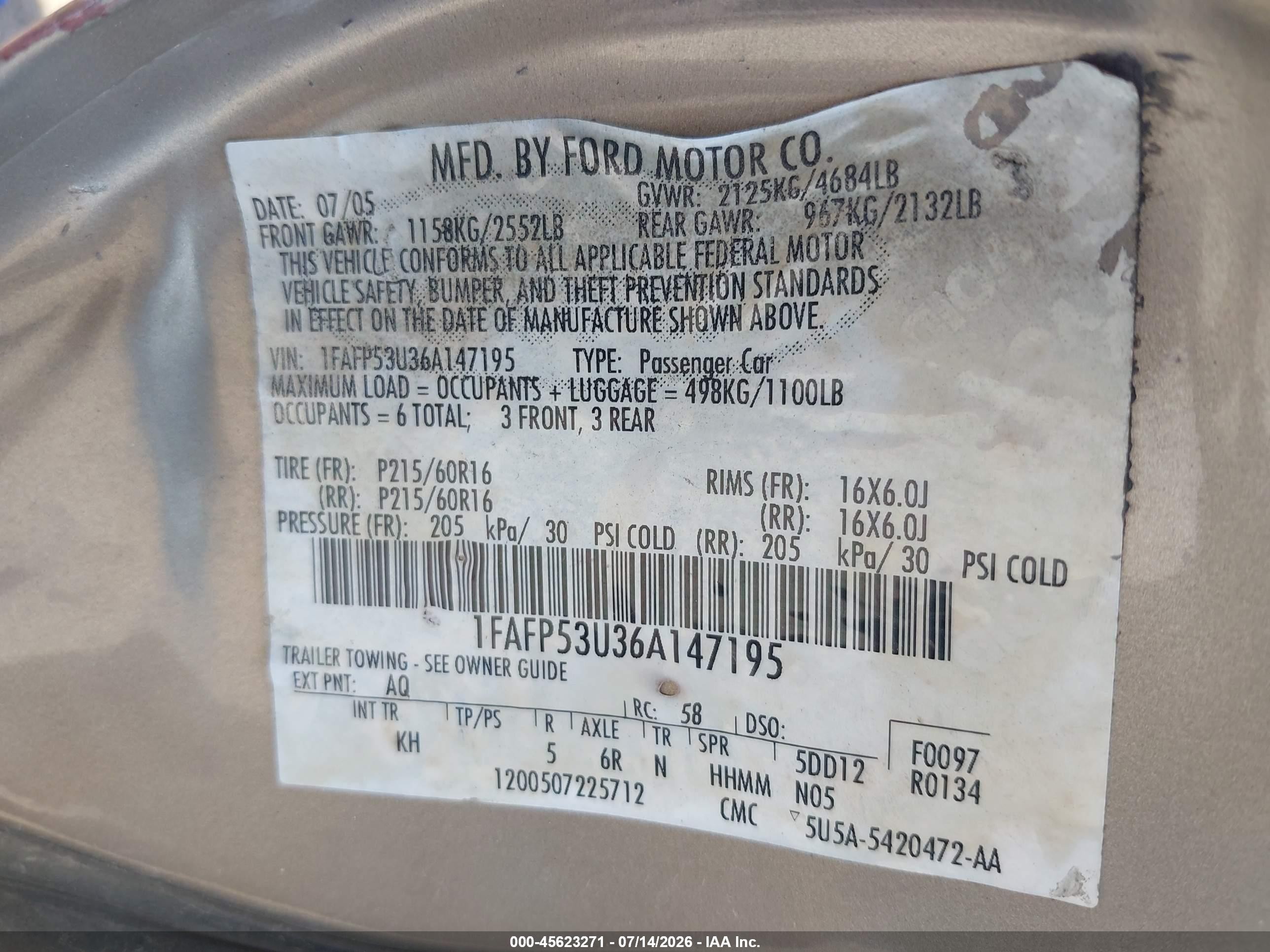 2006 Ford Taurus Se Бежевый vin: 1FAFP53U36A147195