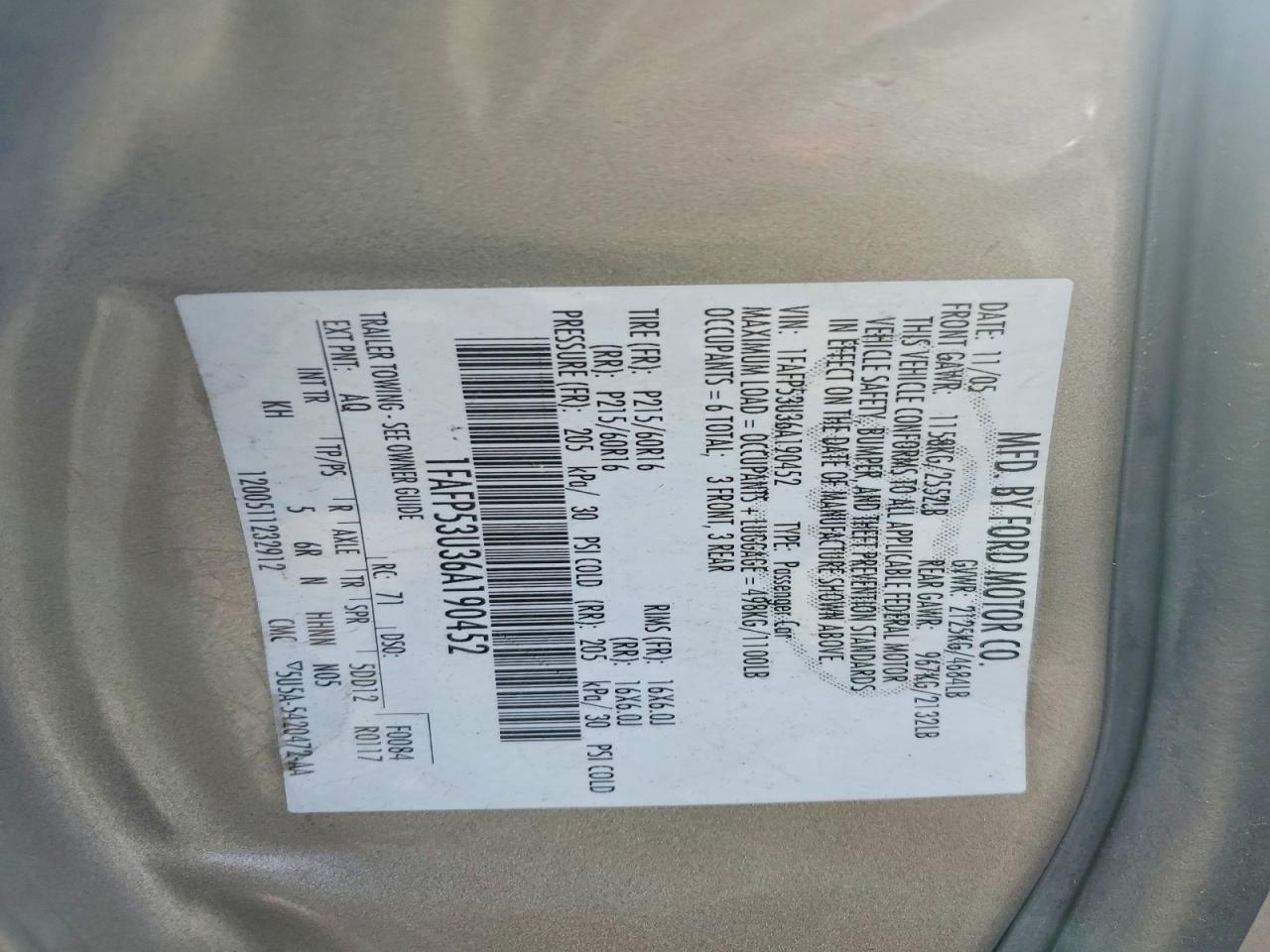 2006 Ford Taurus Se Tan vin: 1FAFP53U36A190452