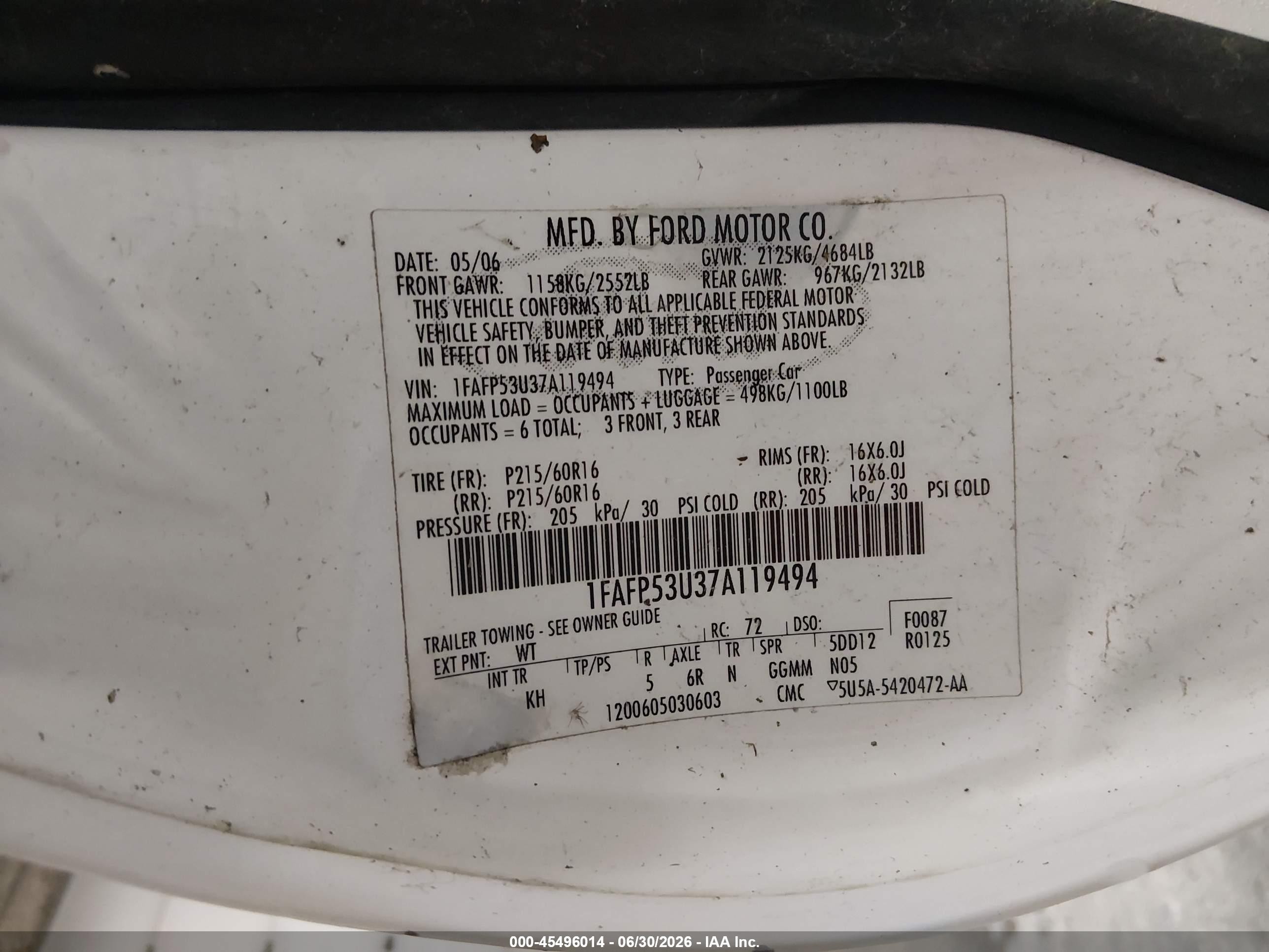 2007 Ford Taurus Se White vin: 1FAFP53U37A119494