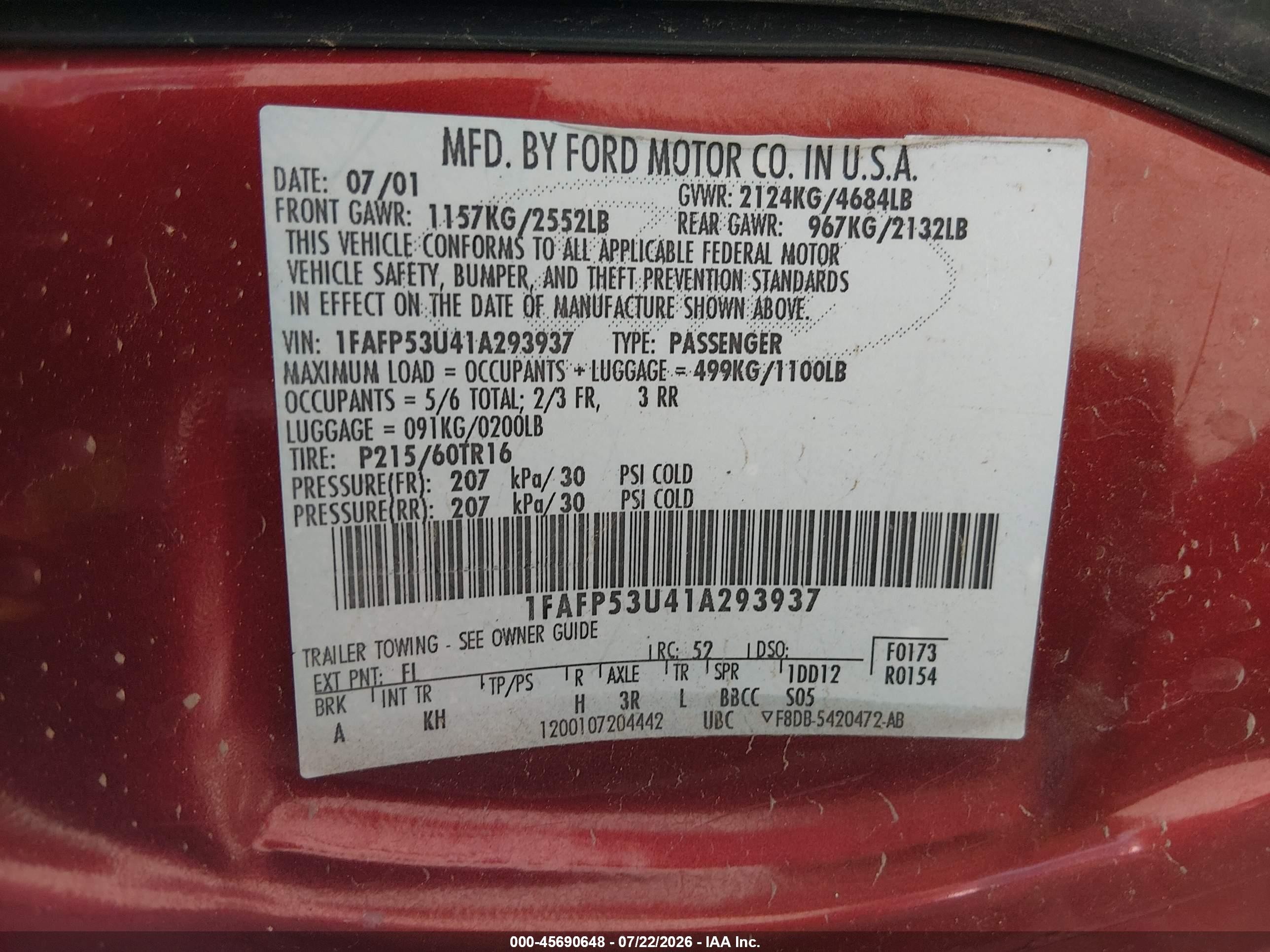 2001 Ford Taurus Se Red vin: 1FAFP53U41A293937