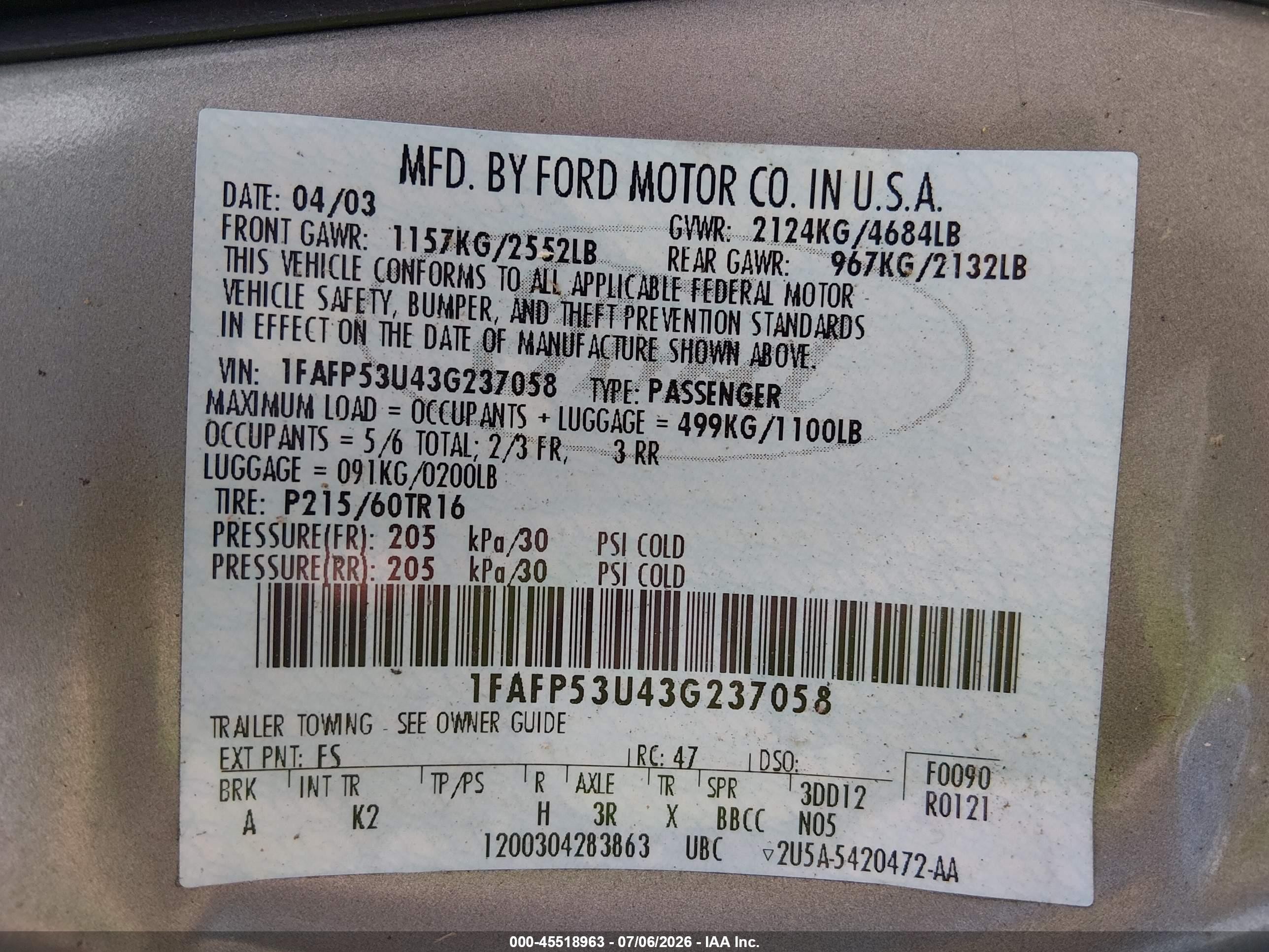 2003 Ford Taurus Se Gray vin: 1FAFP53U43G237058