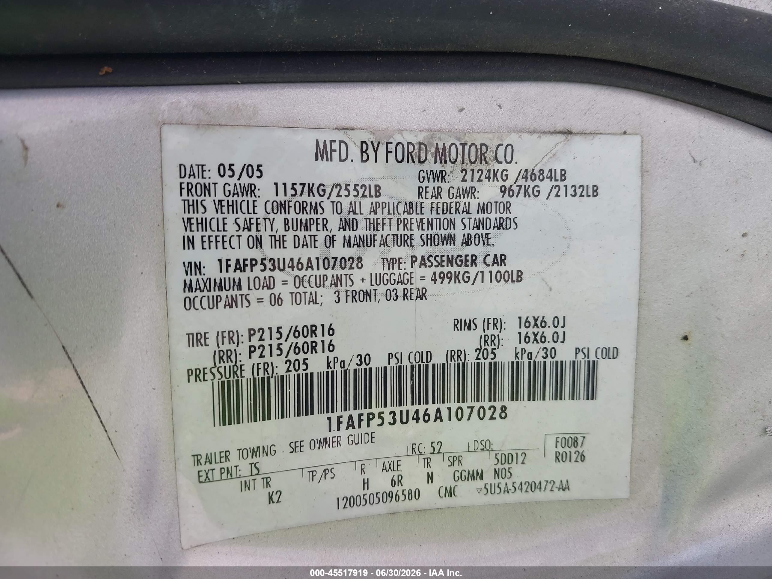 2006 Ford Taurus Se Silver vin: 1FAFP53U46A107028