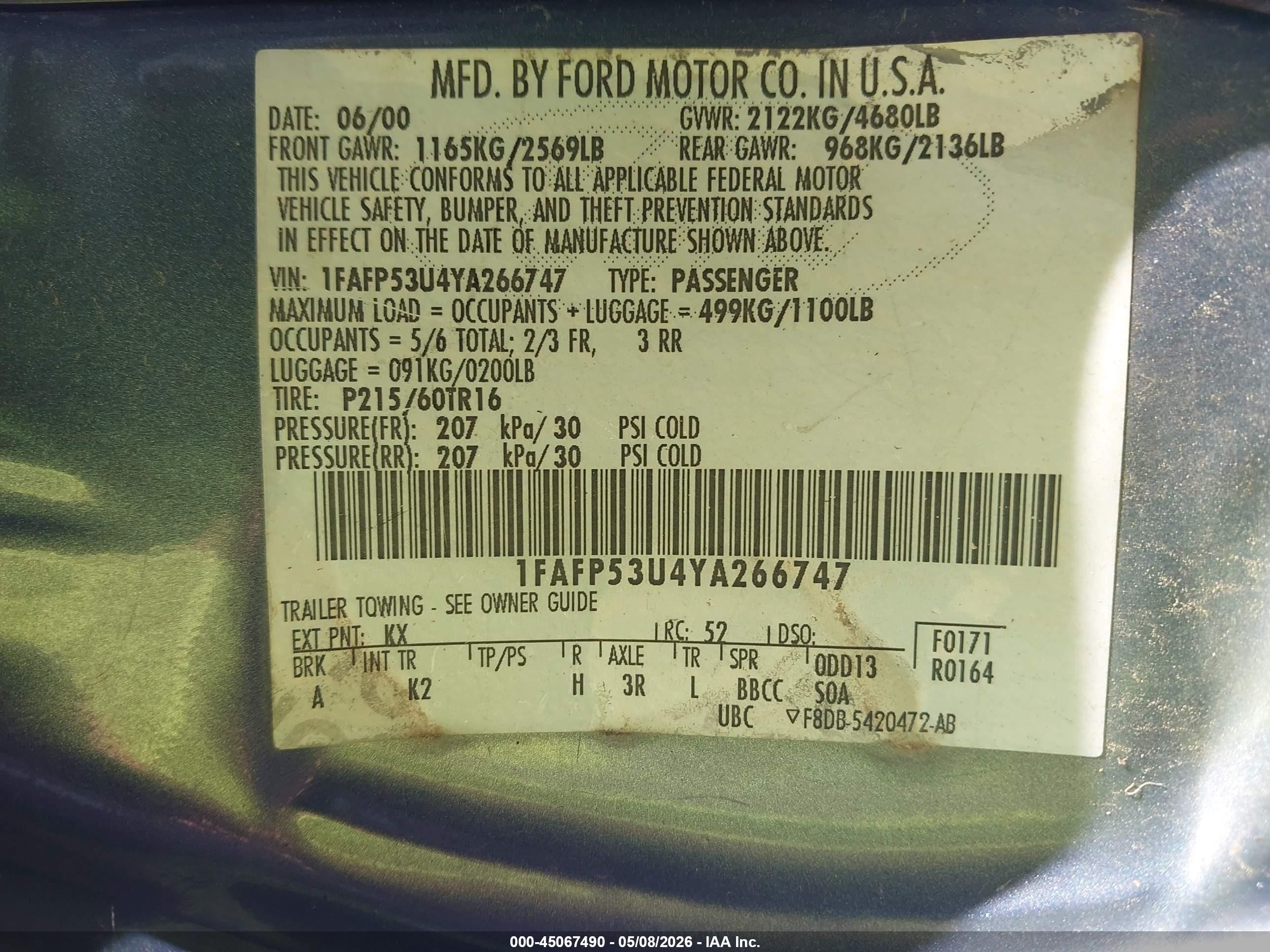 2000 Ford Taurus Se Blue vin: 1FAFP53U4YA266747
