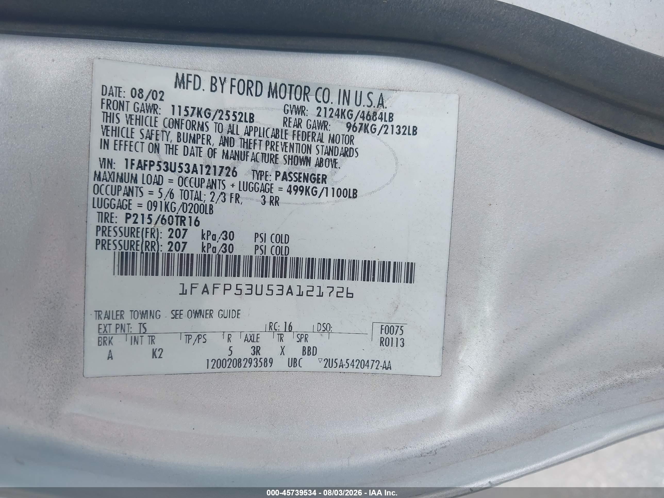 2003 Ford Taurus Se Silver vin: 1FAFP53U53A121726
