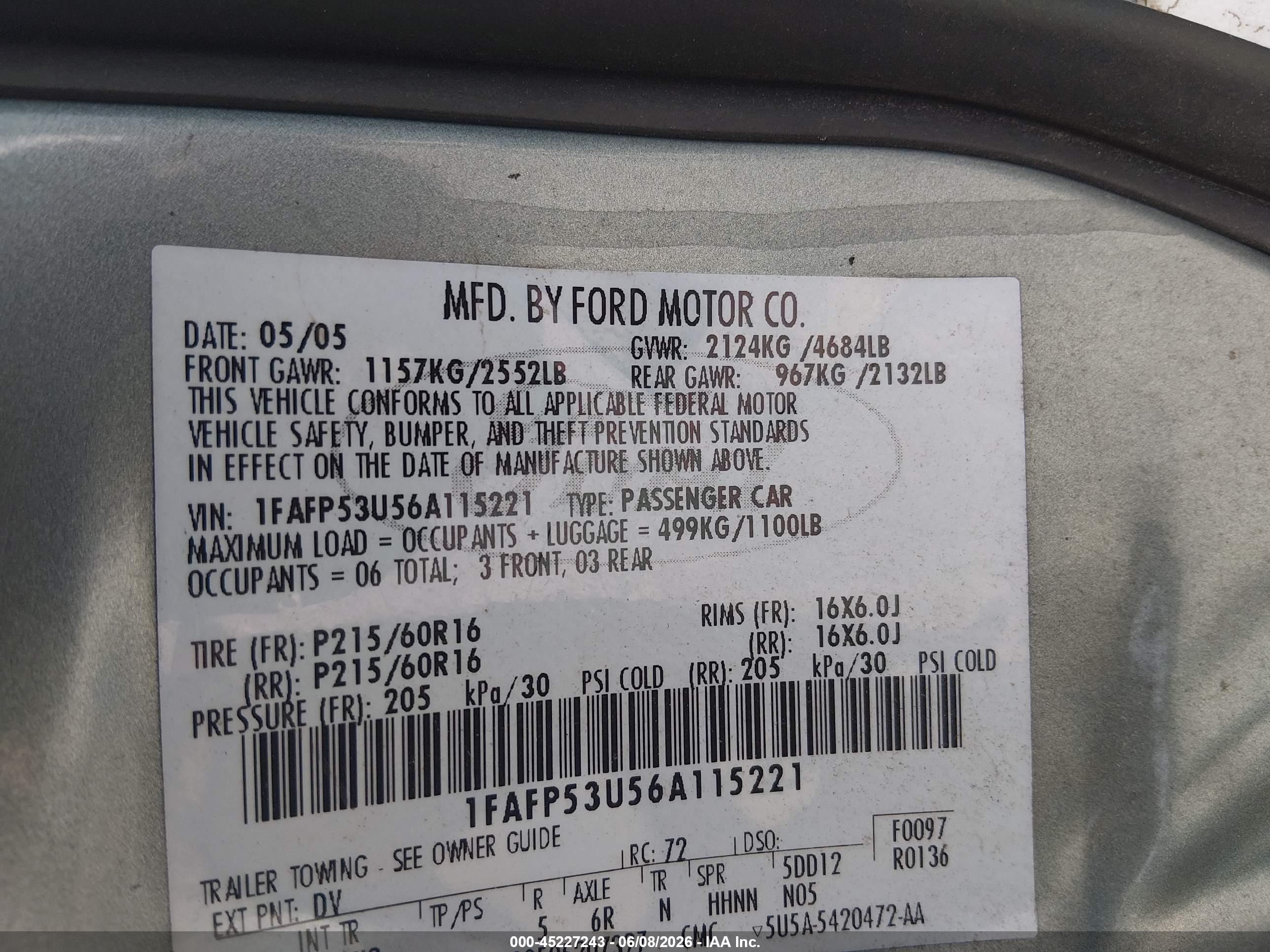 2006 Ford Taurus Se Green vin: 1FAFP53U56A115221