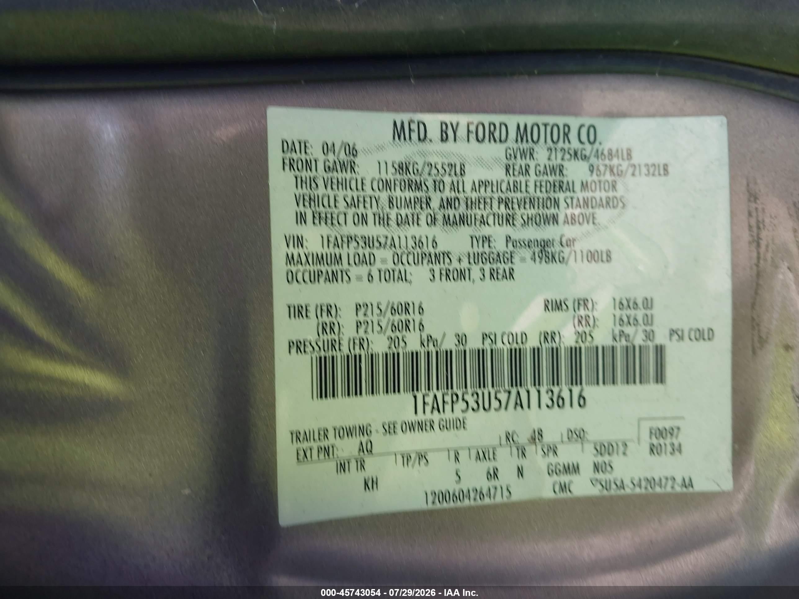 2007 Ford Taurus Se Gold vin: 1FAFP53U57A113616