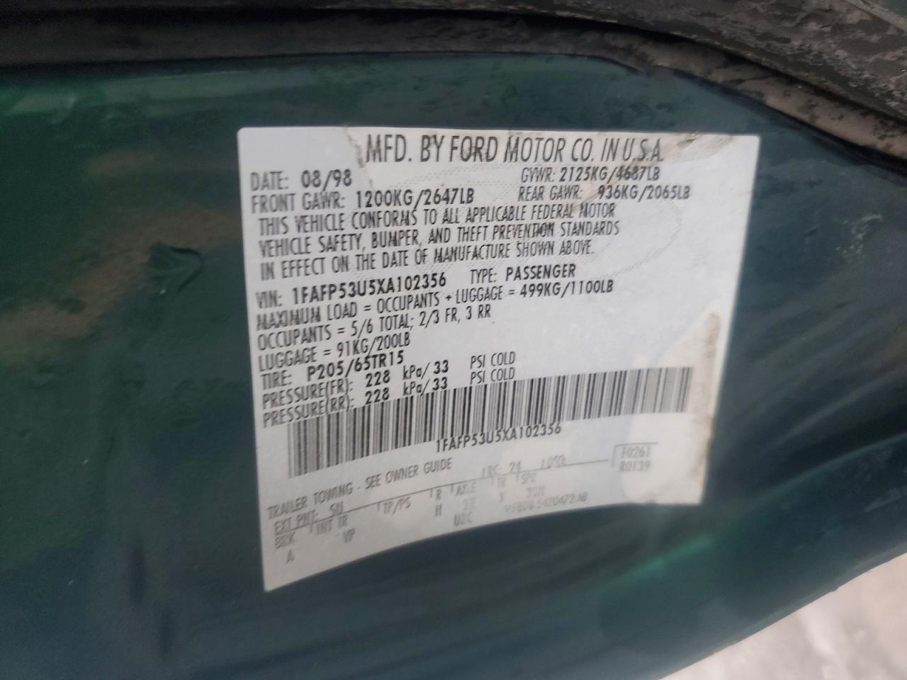 1999 Ford Taurus Se Green vin: 1FAFP53U5XA102356