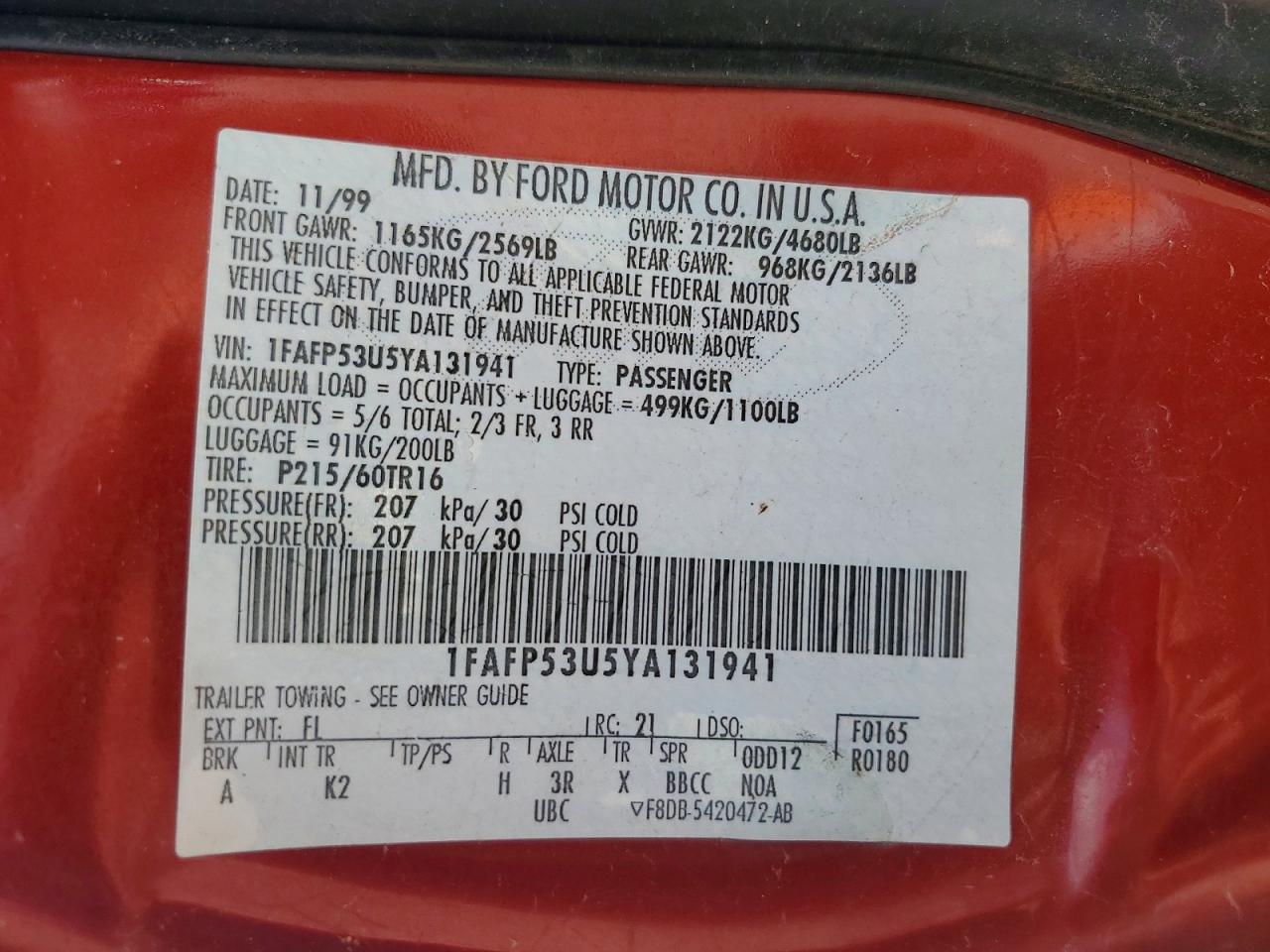 2000 Ford Taurus Se Red vin: 1FAFP53U5YA131941