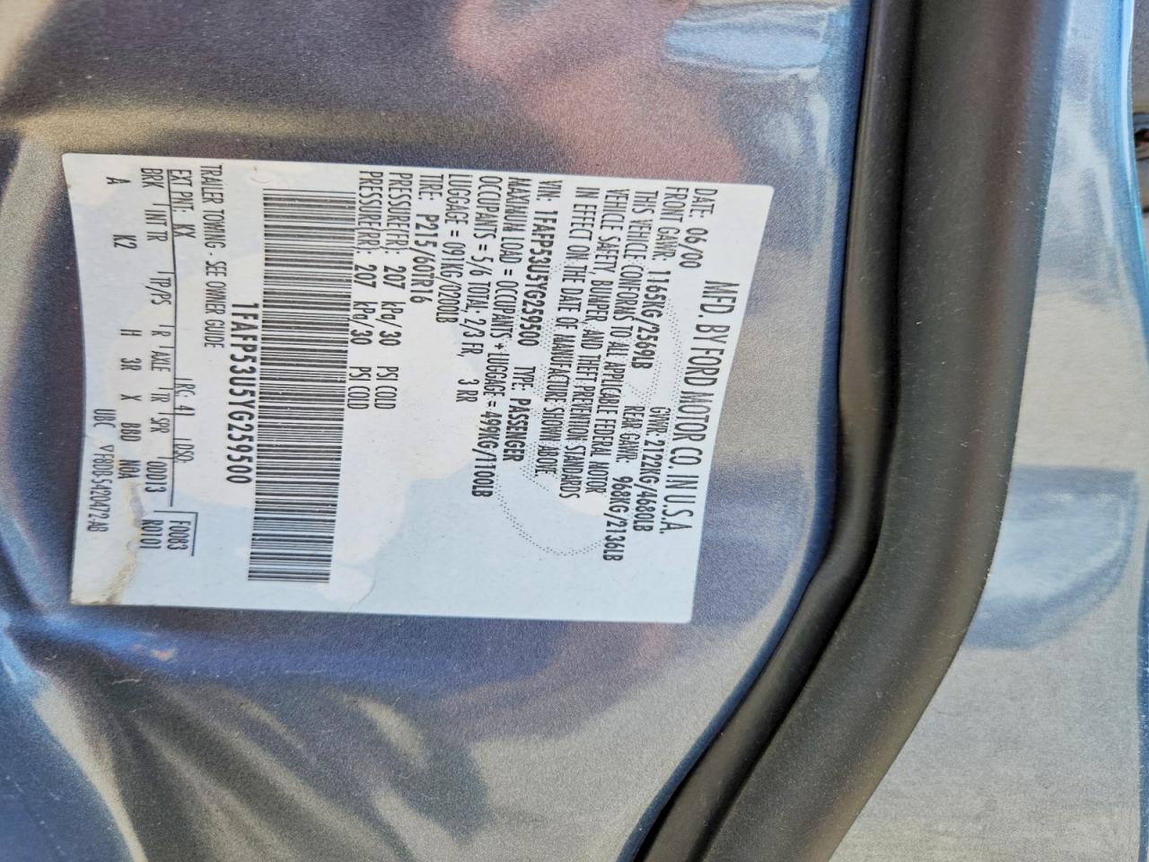 2000 Ford Taurus Se Blue vin: 1FAFP53U5YG259500