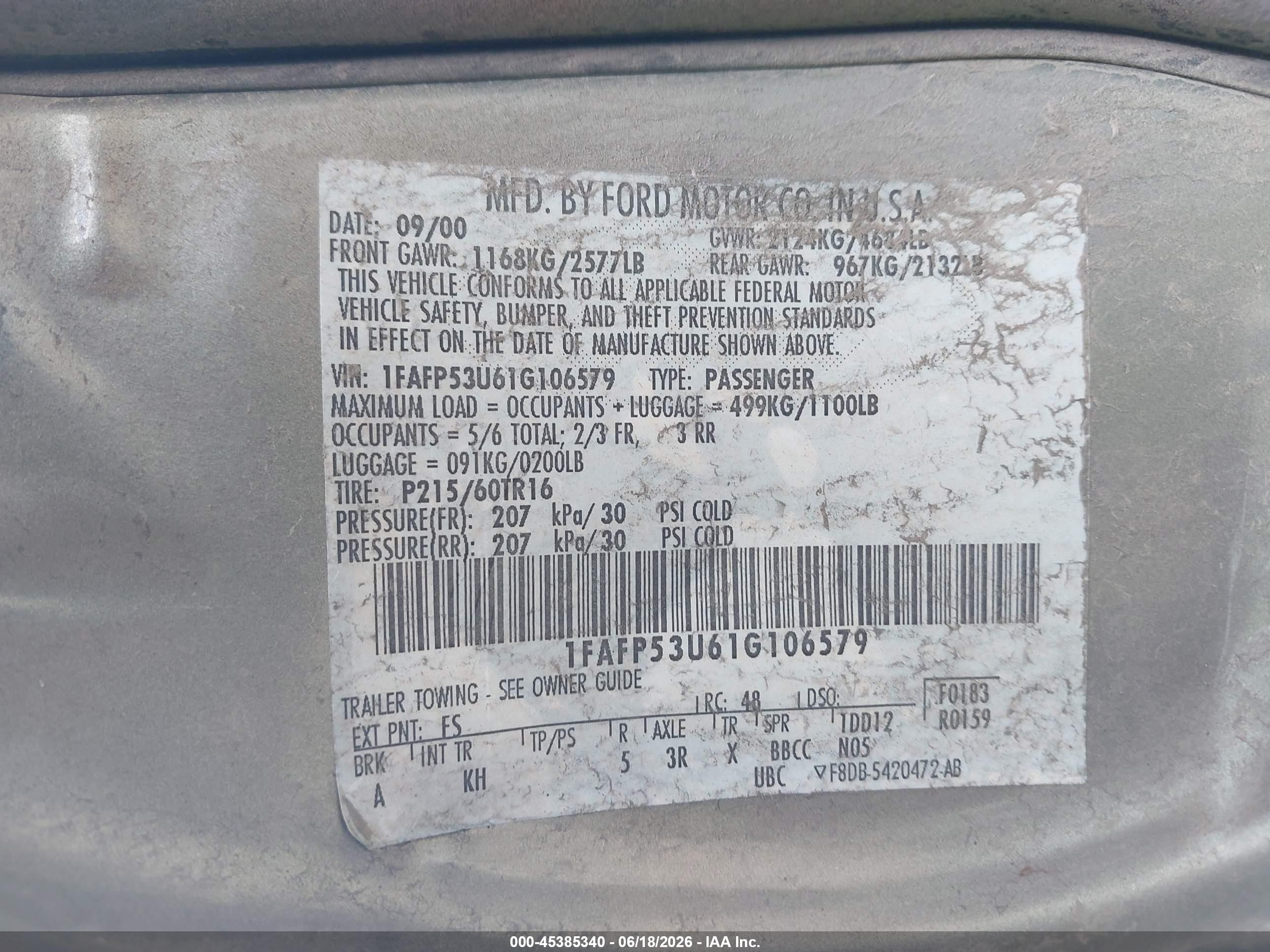 2001 Ford Taurus Se Green vin: 1FAFP53U61G106579