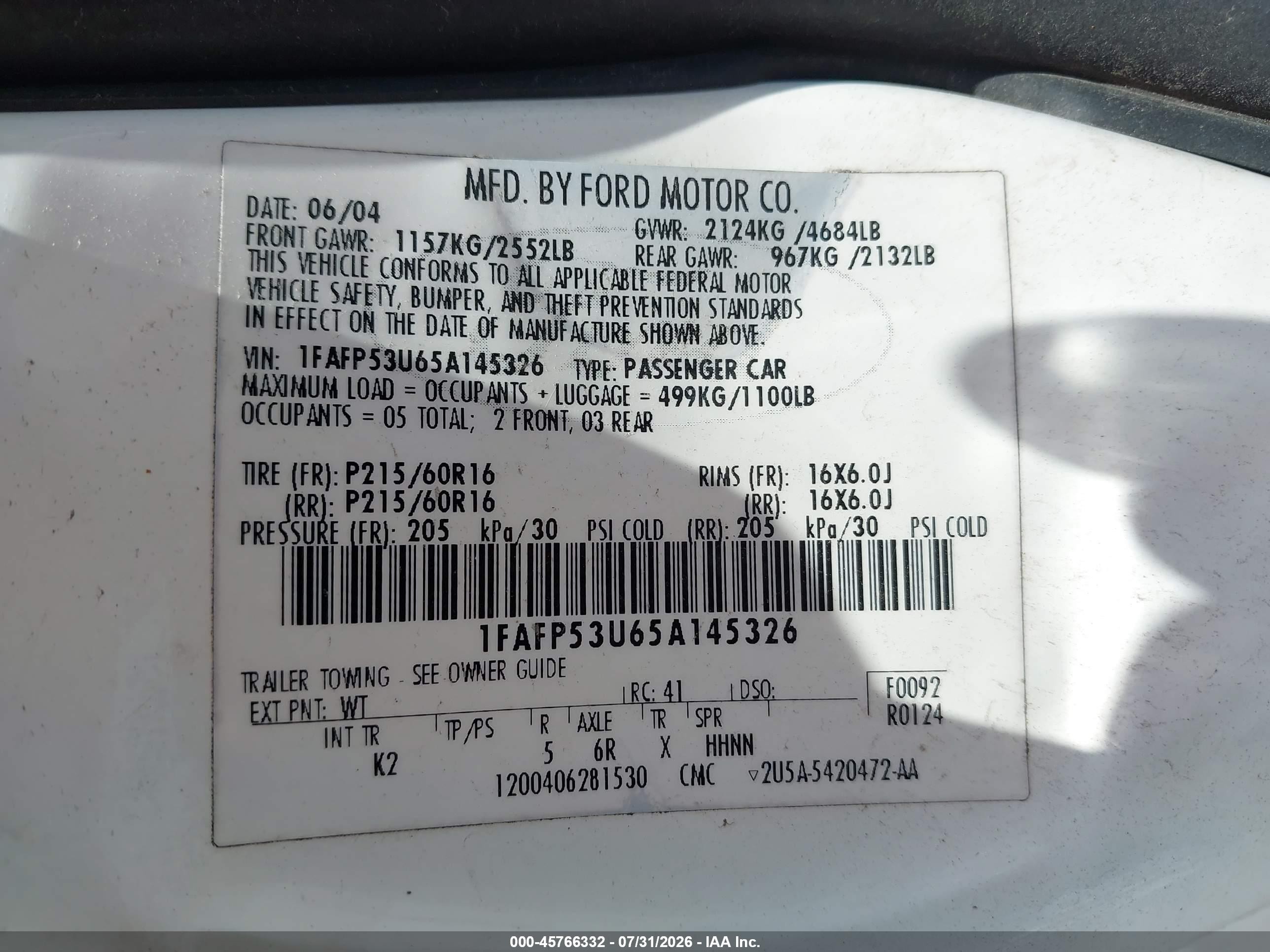2005 Ford Taurus Se White vin: 1FAFP53U65A145326