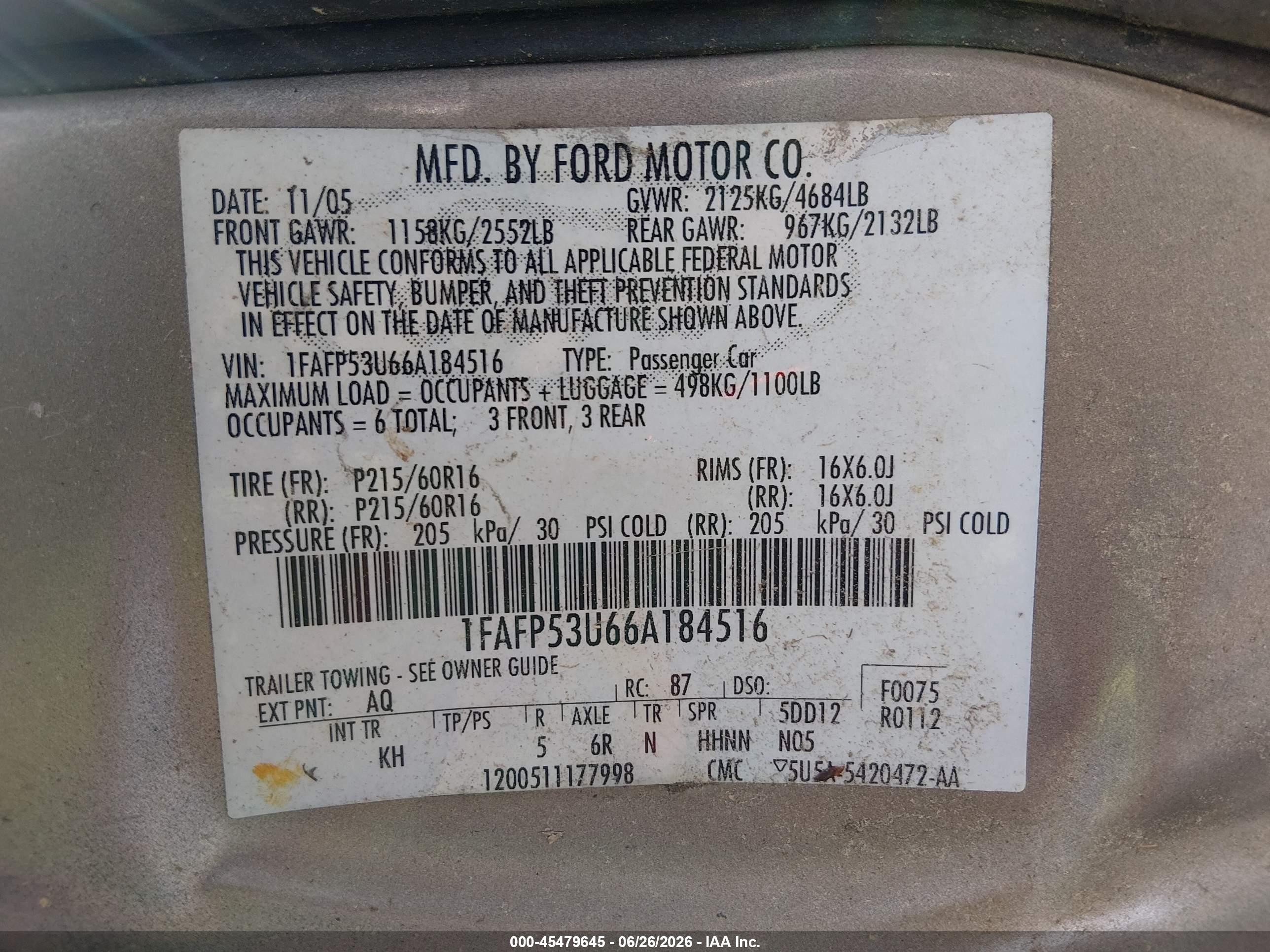 2006 Ford Taurus Se Beige vin: 1FAFP53U66A184516