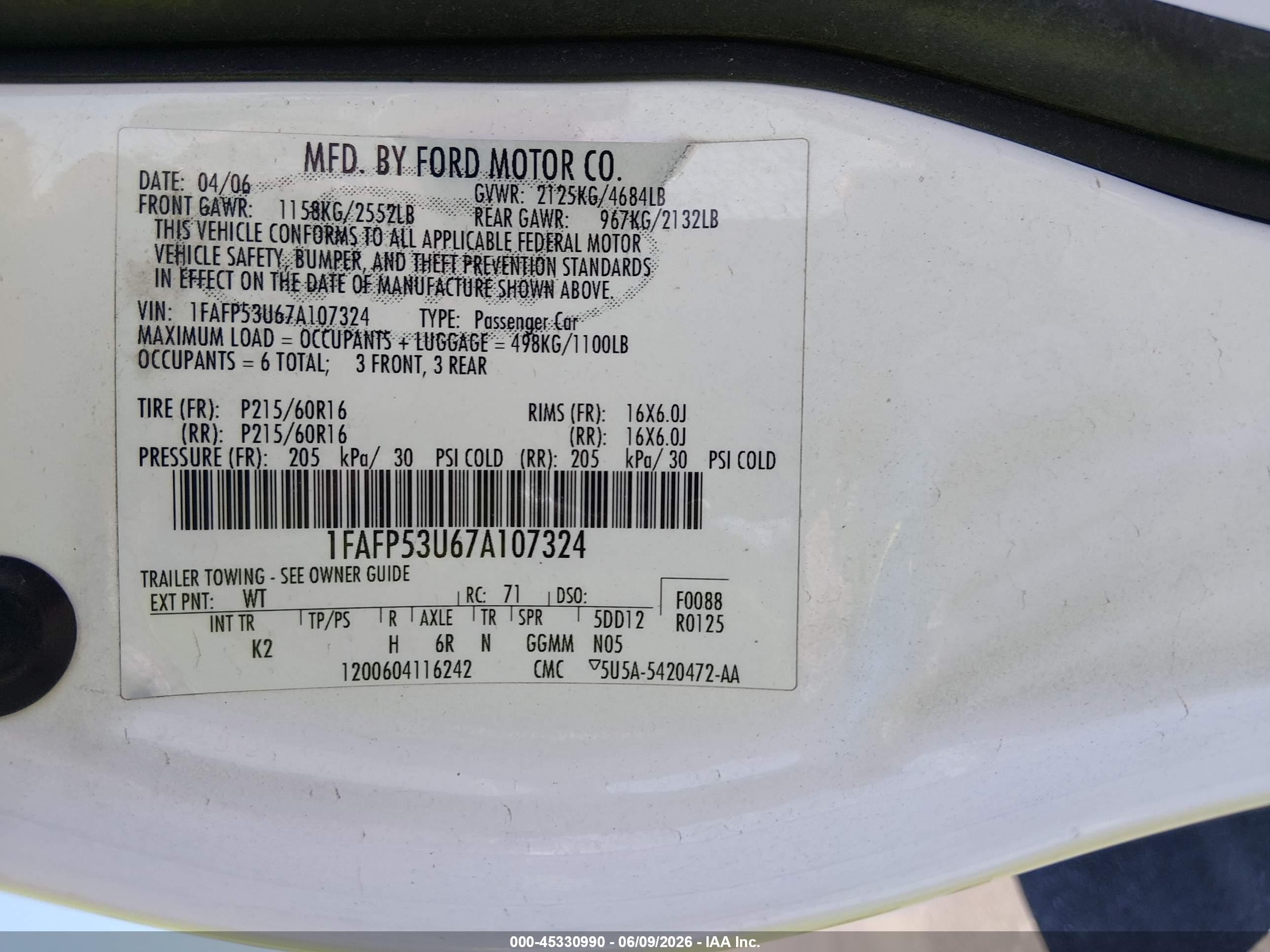 2007 Ford Taurus Se White vin: 1FAFP53U67A107324