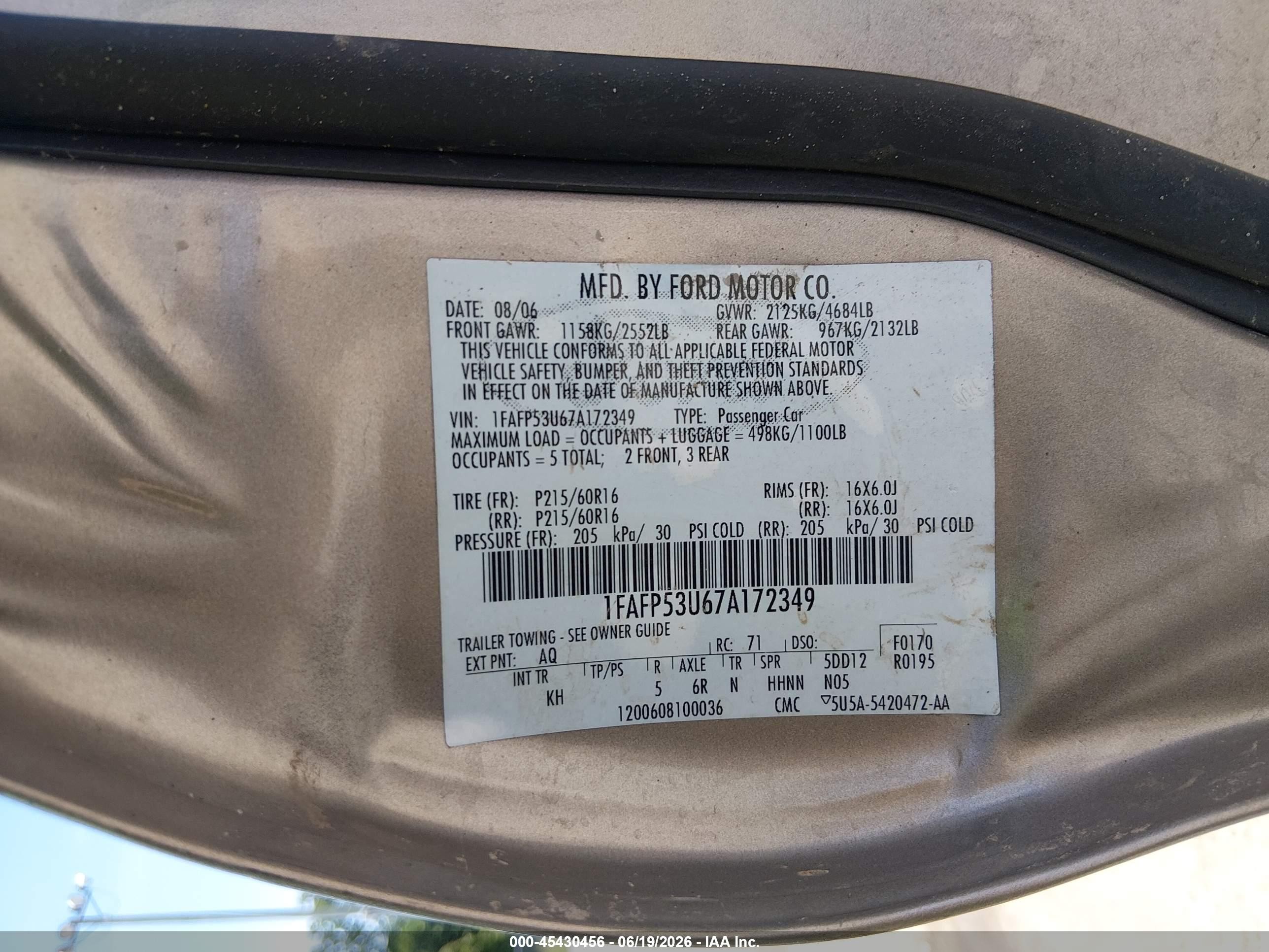 2007 Ford Taurus Se Gold vin: 1FAFP53U67A172349