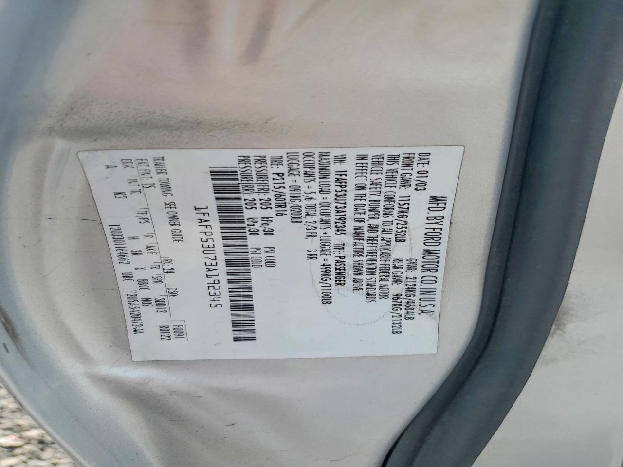 2003 Ford Taurus Se Silver vin: 1FAFP53U73A192345