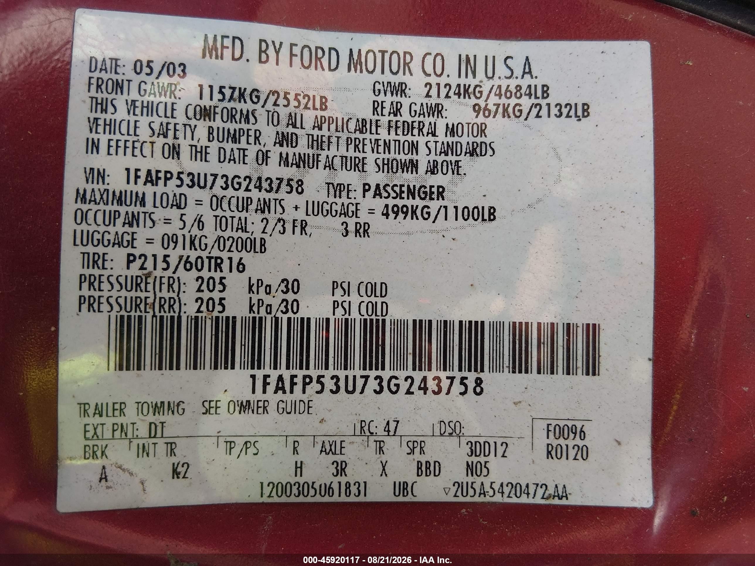 2003 Ford Taurus Se Red vin: 1FAFP53U73G243758