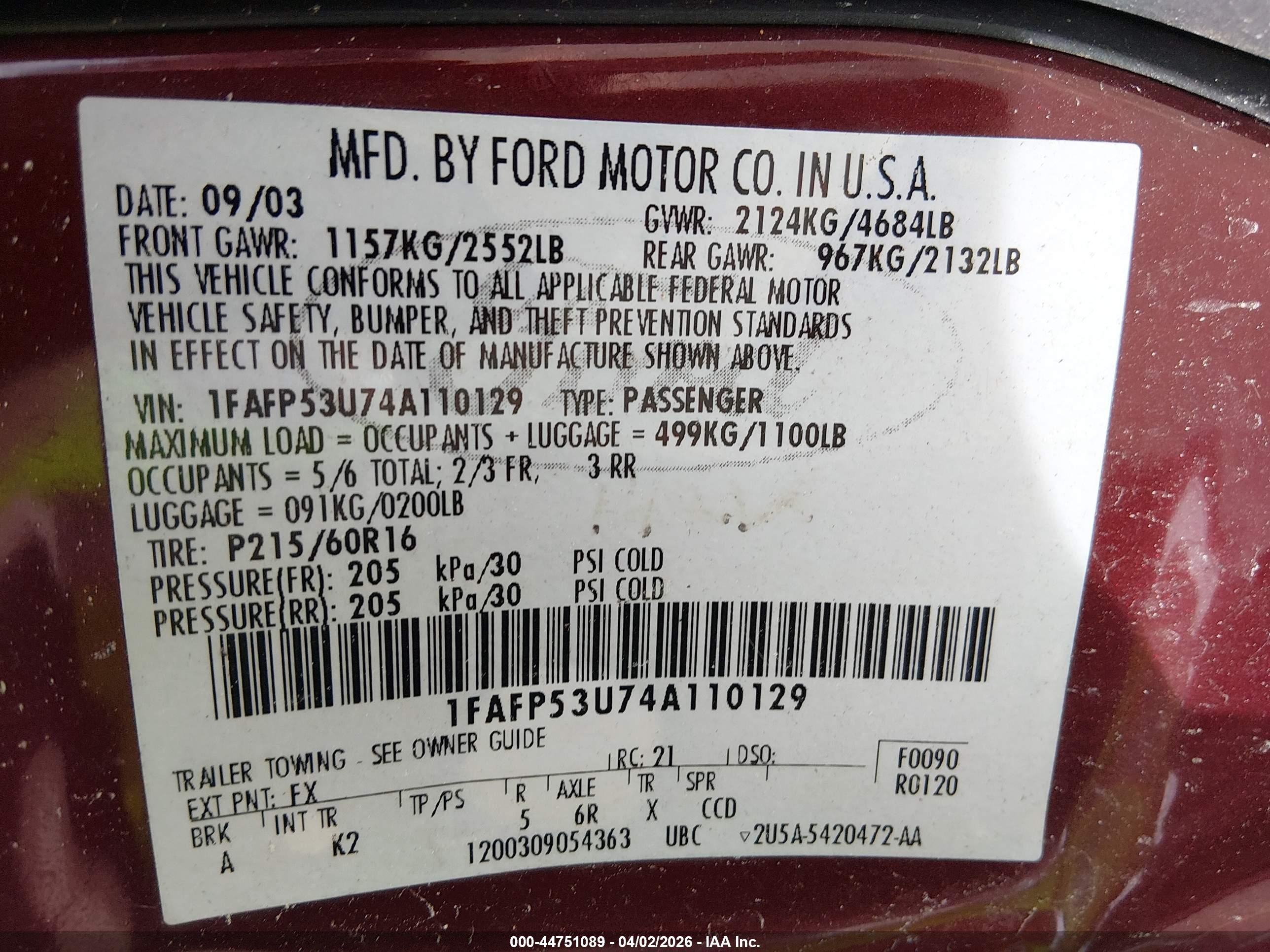 2004 Ford Taurus Se Red vin: 1FAFP53U74A110129