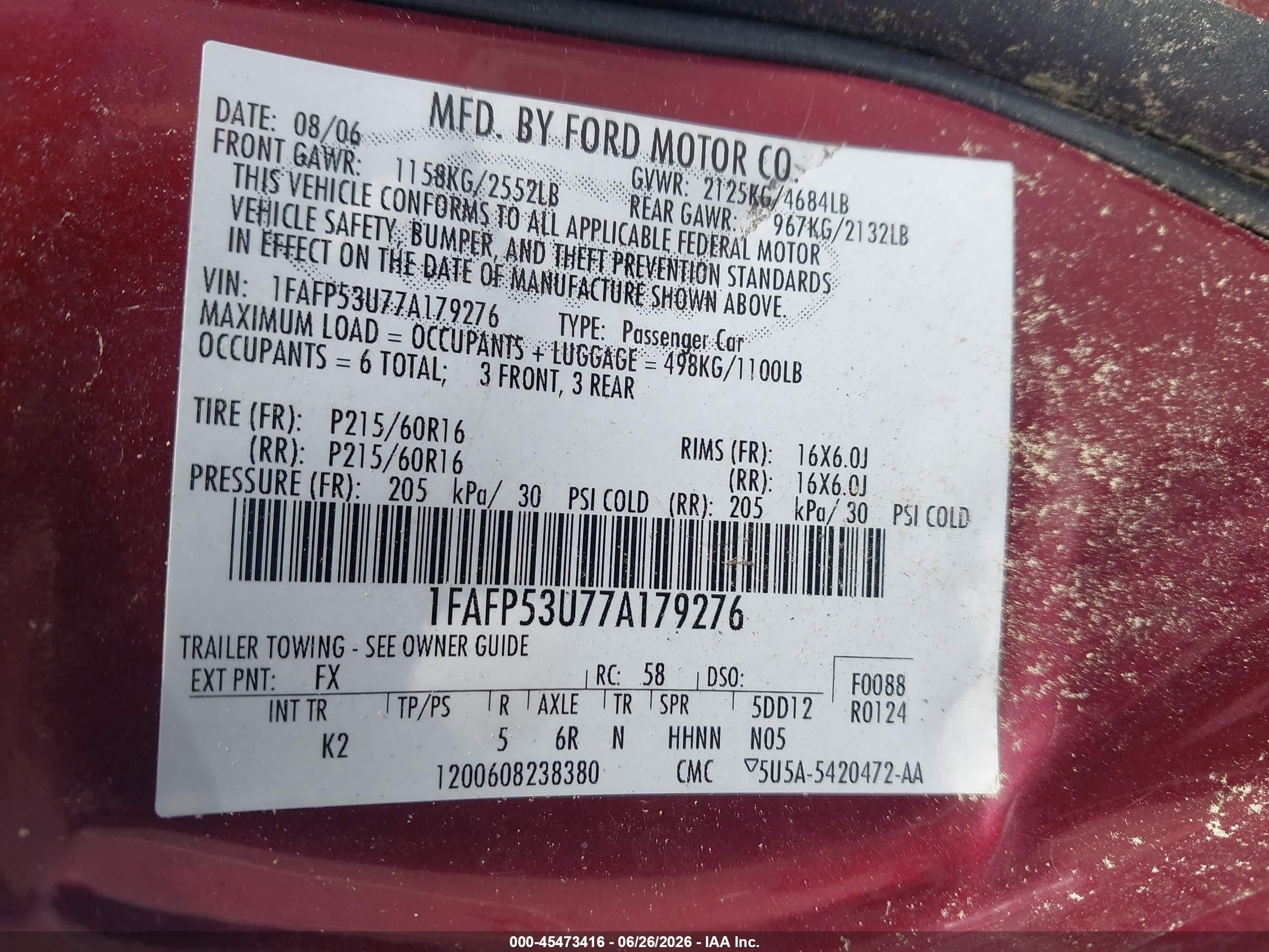 2007 Ford Taurus Se Red vin: 1FAFP53U77A179276