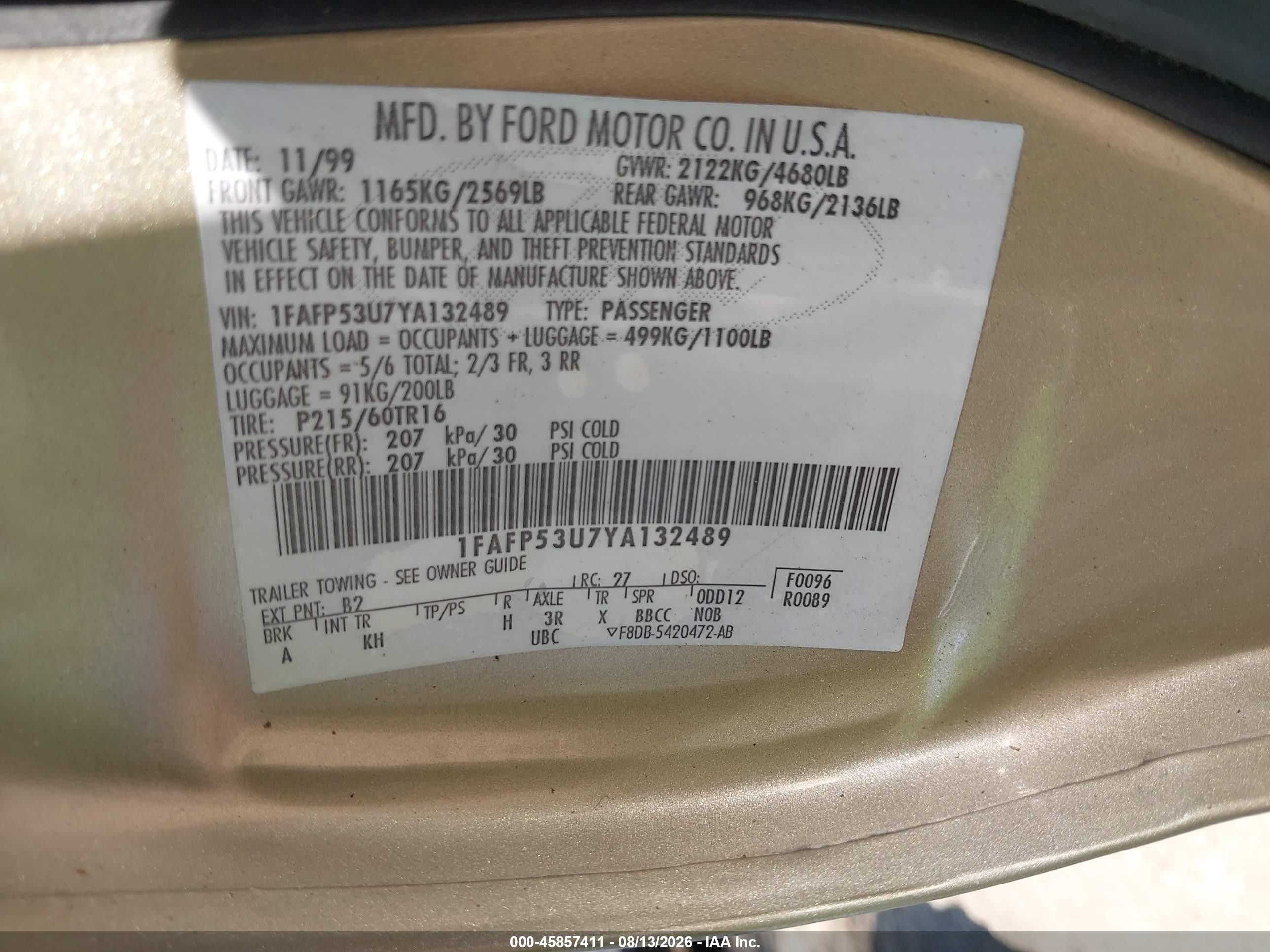 2000 Ford Taurus Se Gold vin: 1FAFP53U7YA132489