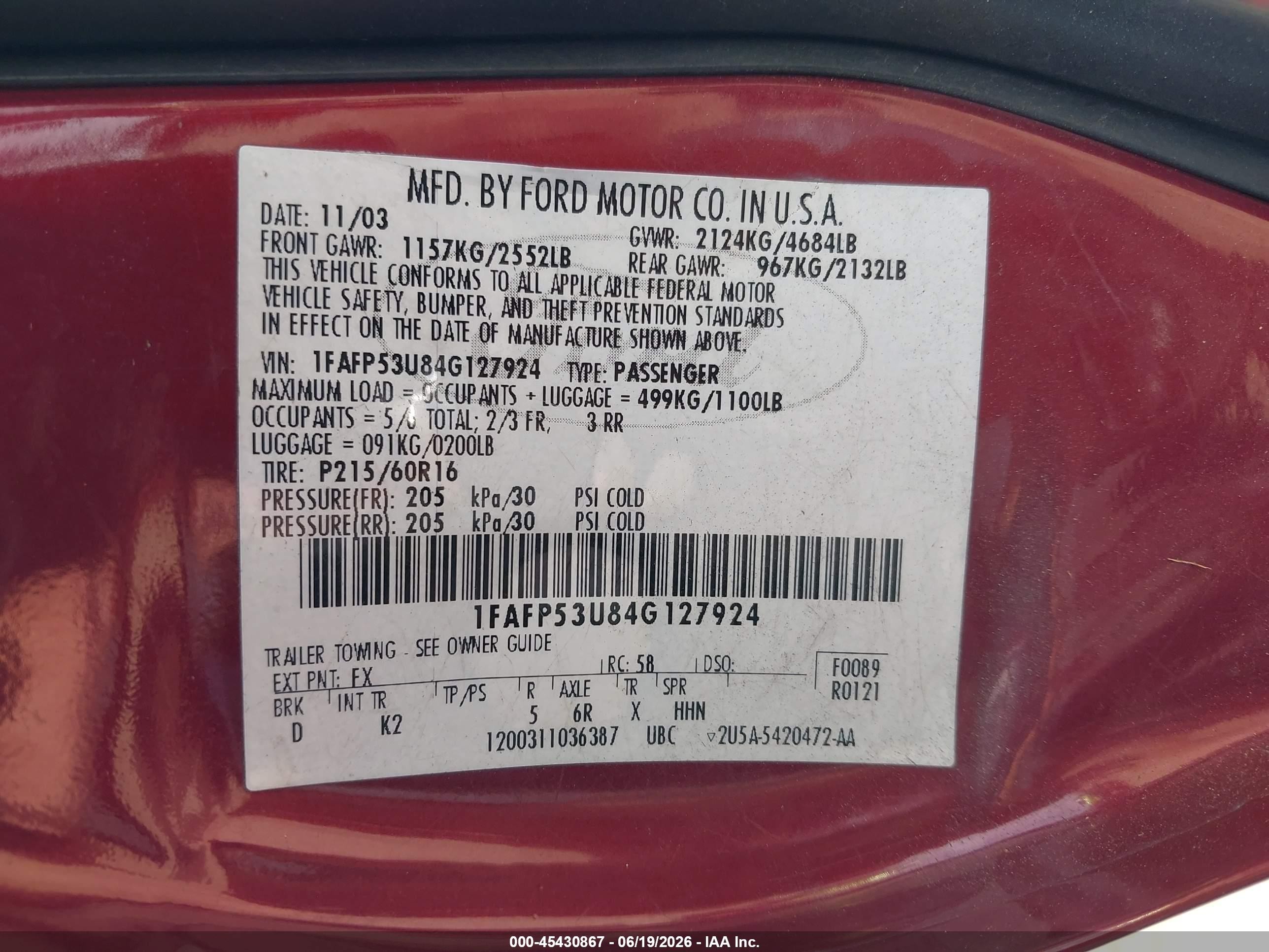 2004 Ford Taurus Se Red vin: 1FAFP53U84G127924