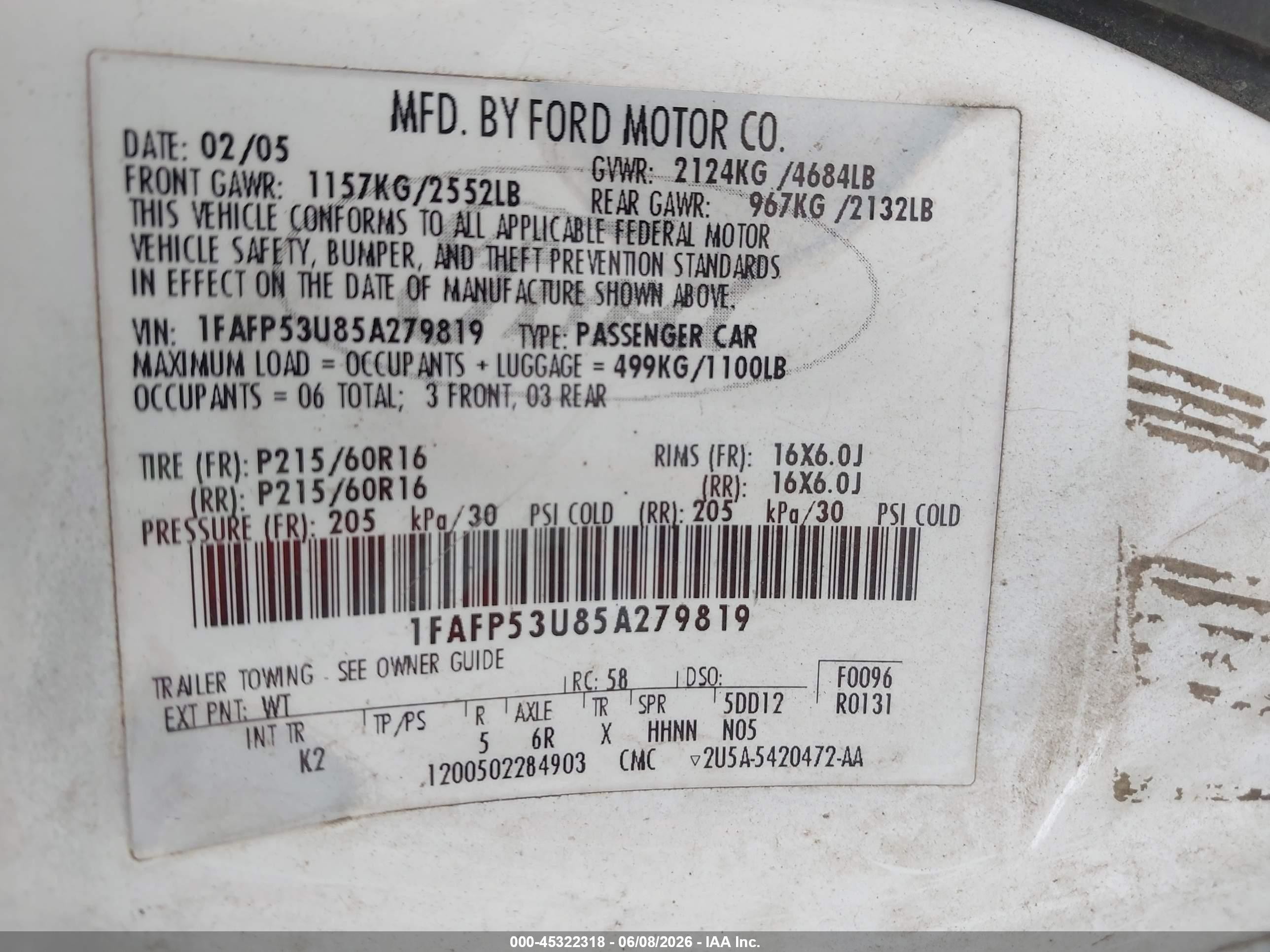2005 Ford Taurus Se White vin: 1FAFP53U85A279819