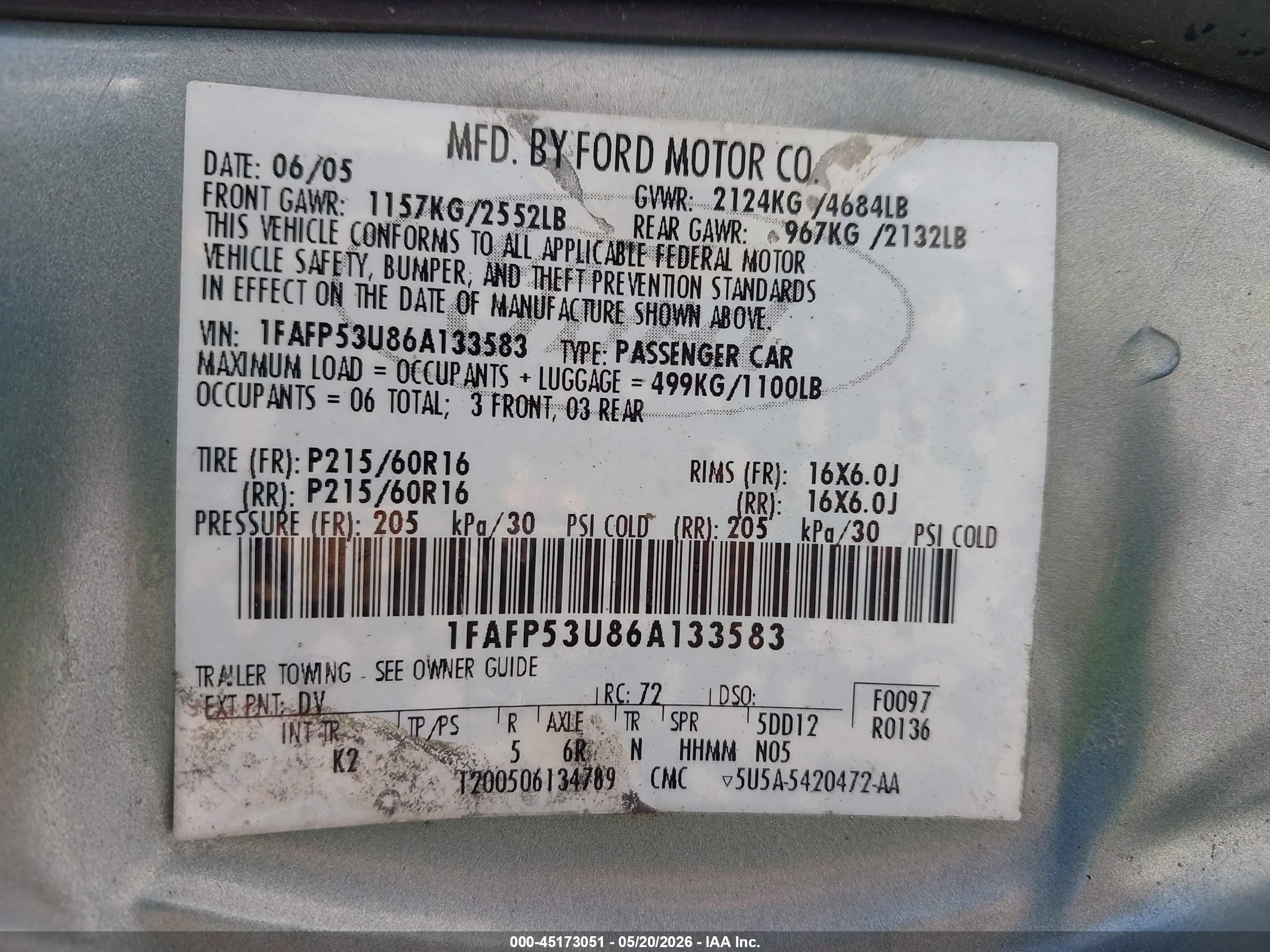 2006 Ford Taurus Se Gray vin: 1FAFP53U86A133583