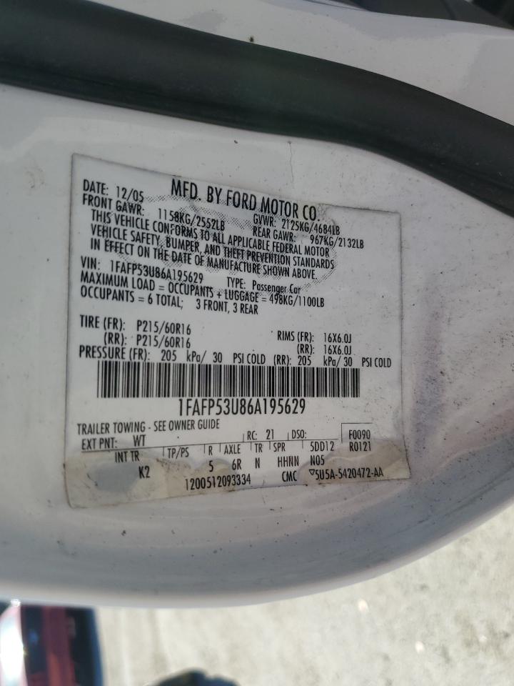 2006 Ford Taurus Se White vin: 1FAFP53U86A195629