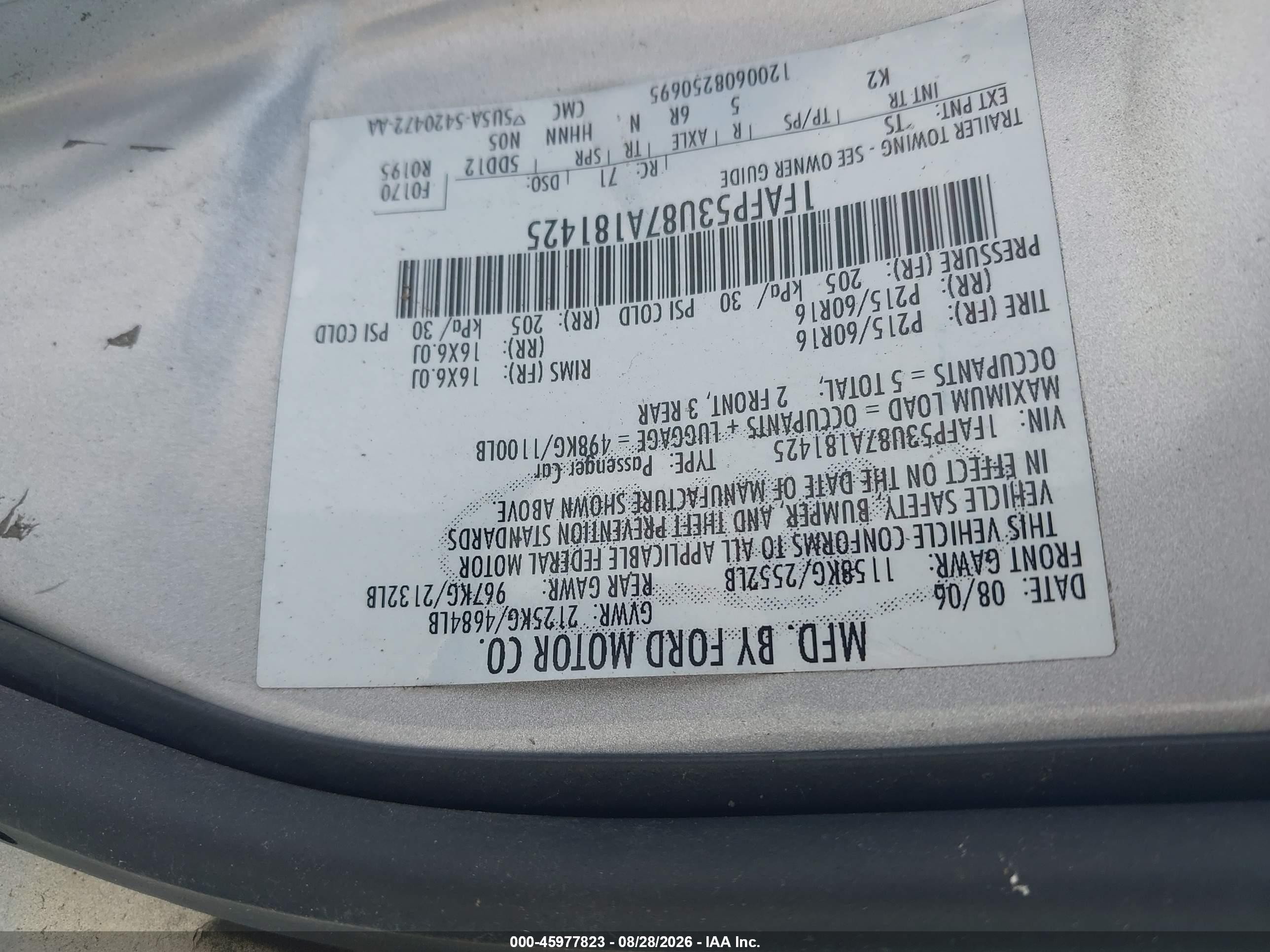 2007 Ford Taurus Se Silver vin: 1FAFP53U87A181425