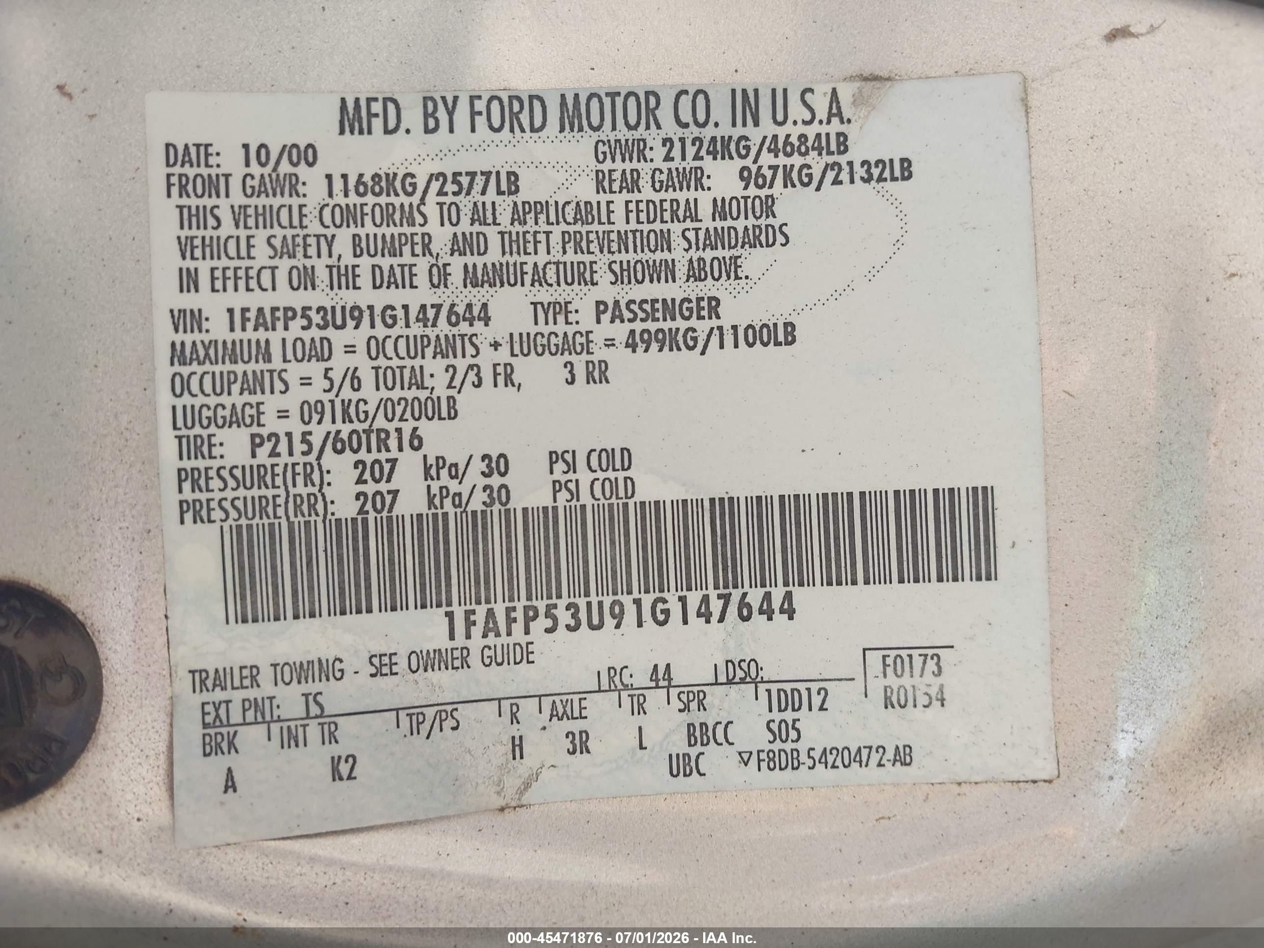 2001 Ford Taurus Se Silver vin: 1FAFP53U91G147644