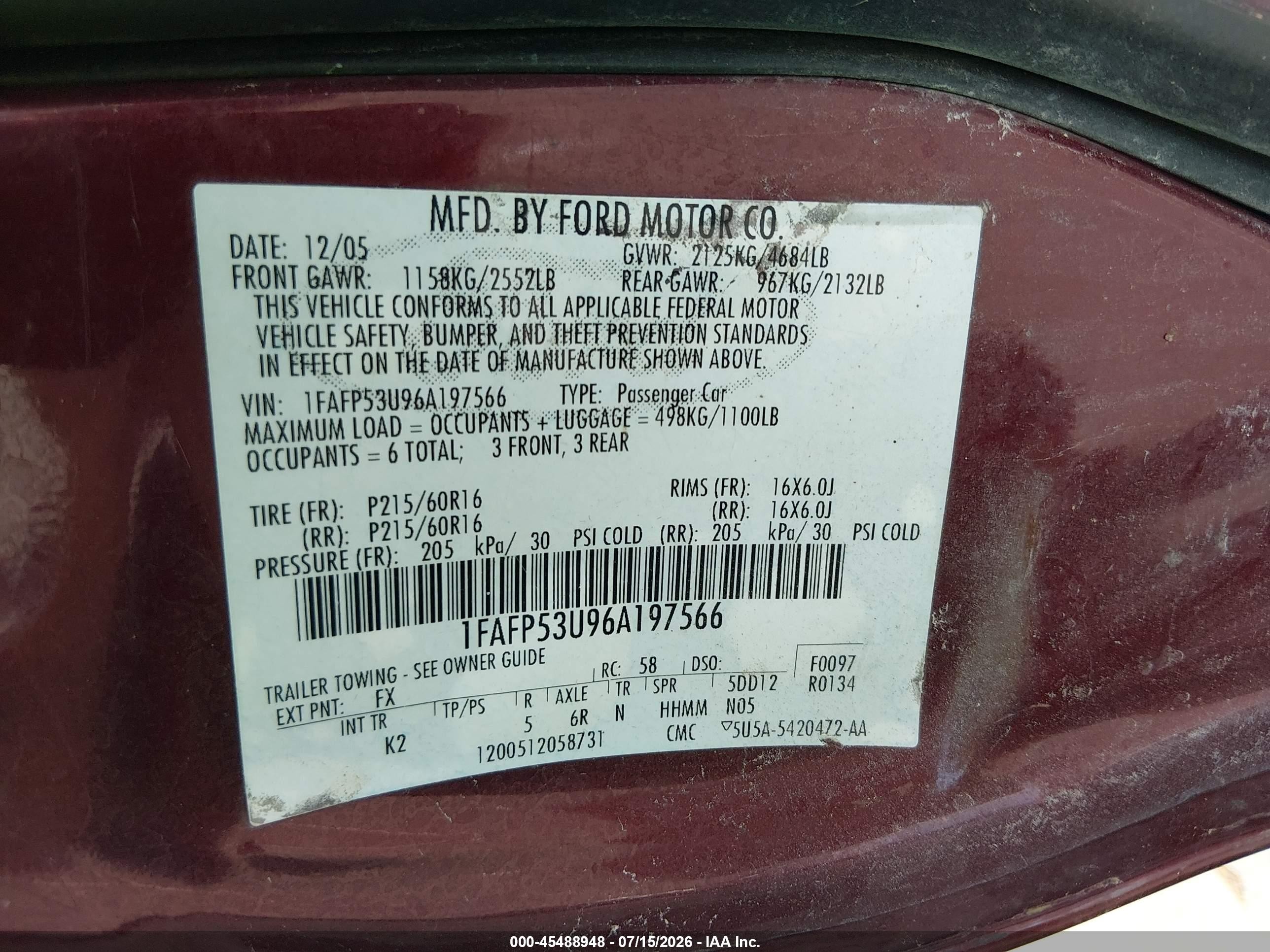 2006 Ford Taurus Se Темно-бордовый vin: 1FAFP53U96A197566