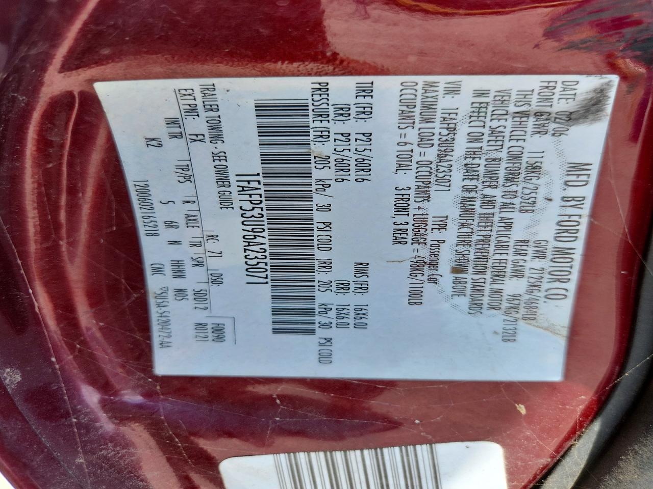 2006 Ford Taurus Se Maroon vin: 1FAFP53U96A235071