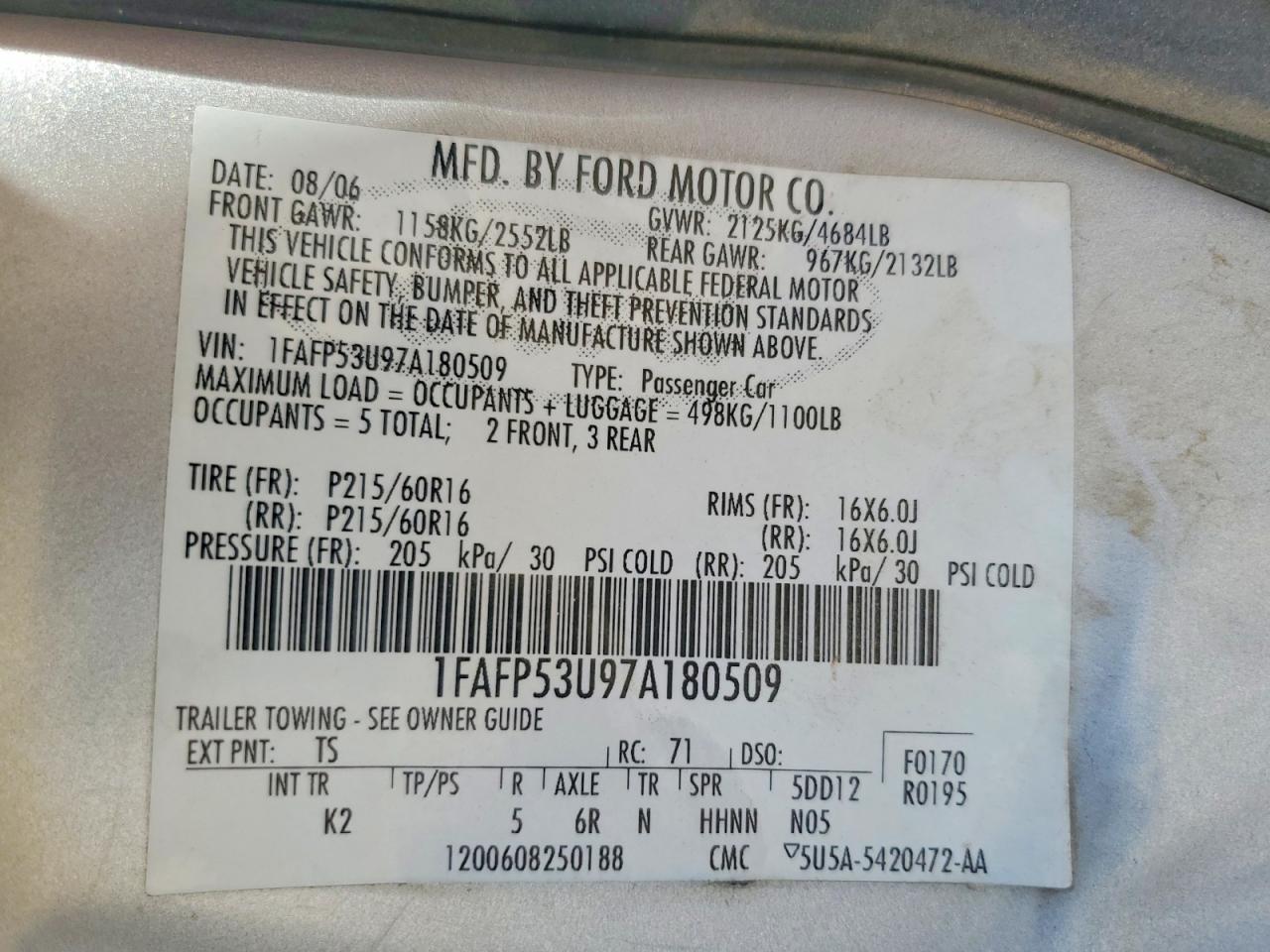 2007 Ford Taurus Se Silver vin: 1FAFP53U97A180509