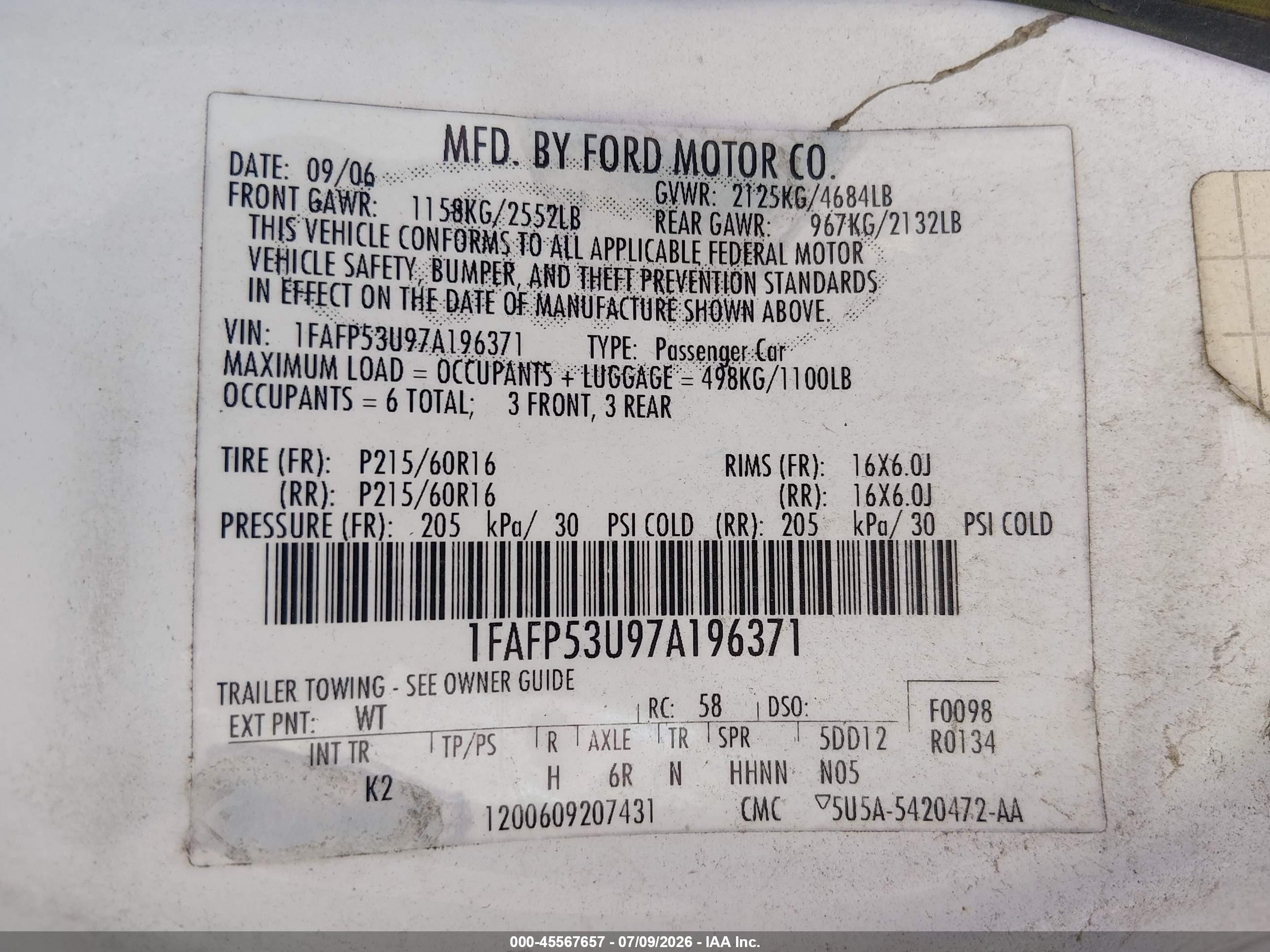 2007 Ford Taurus Se White vin: 1FAFP53U97A196371