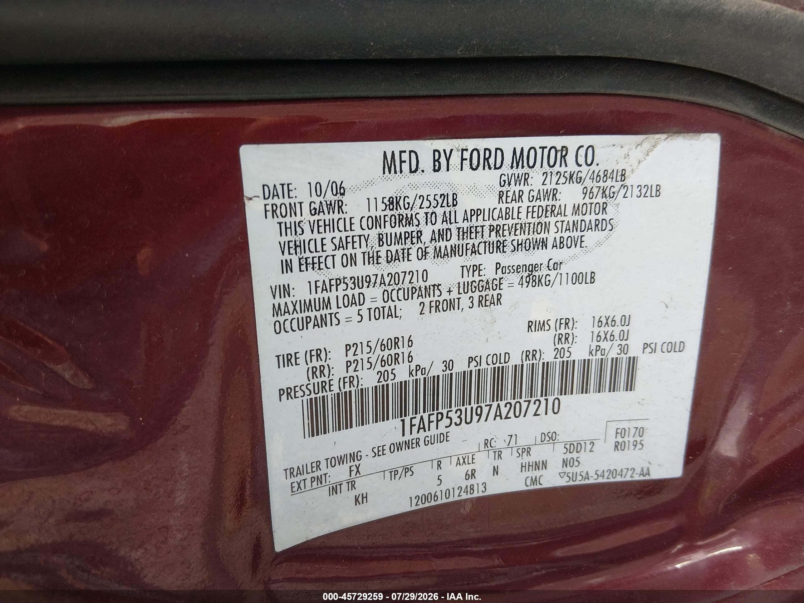 2007 Ford Taurus Se Maroon vin: 1FAFP53U97A207210