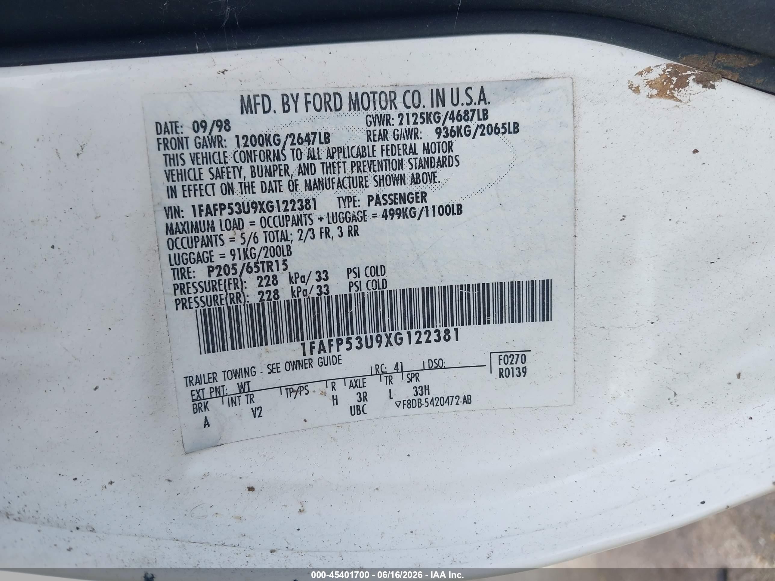 1999 Ford Taurus Se/se-ne White vin: 1FAFP53U9XG122381