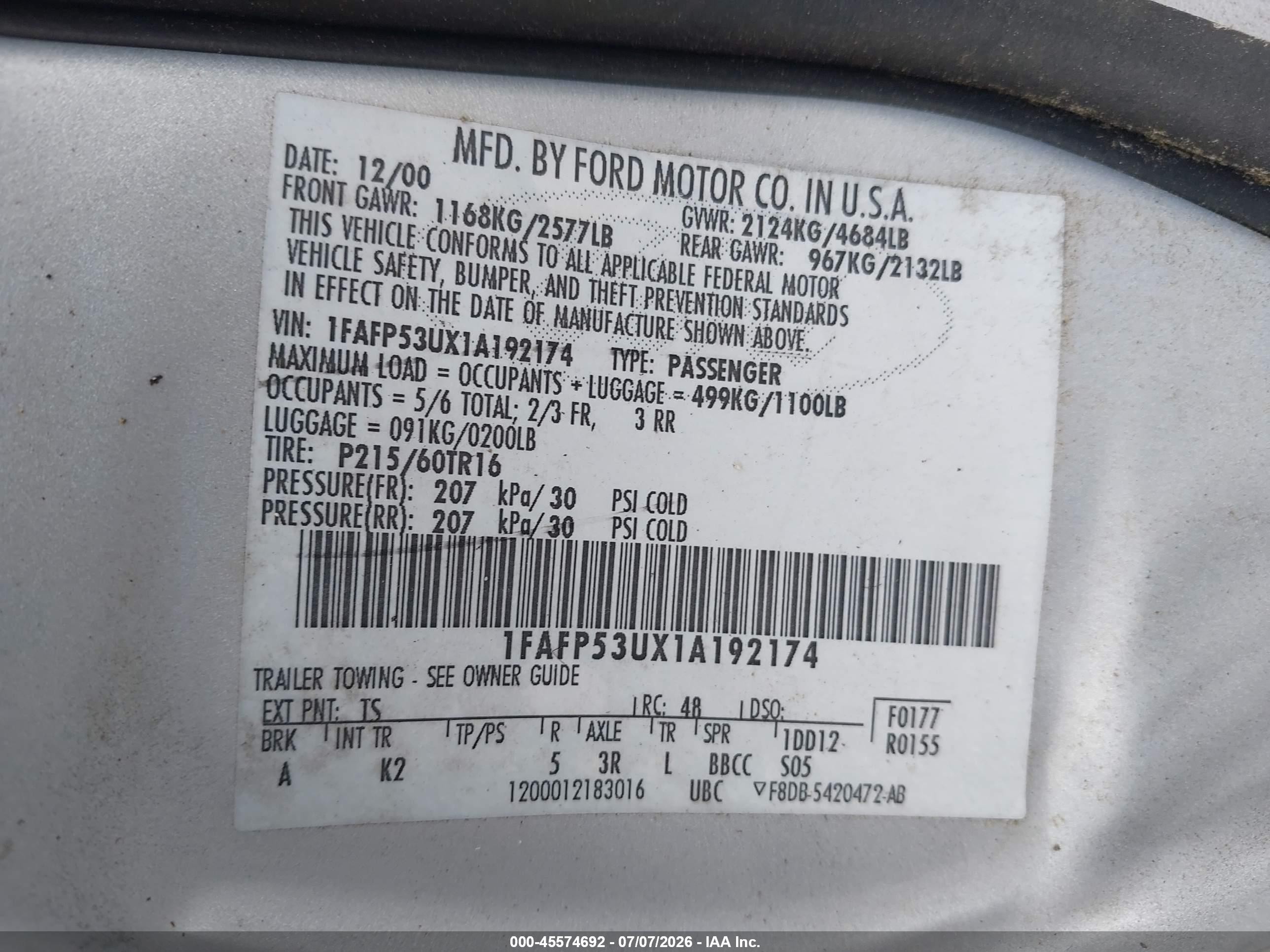 2001 Ford Taurus Se Silver vin: 1FAFP53UX1A192174