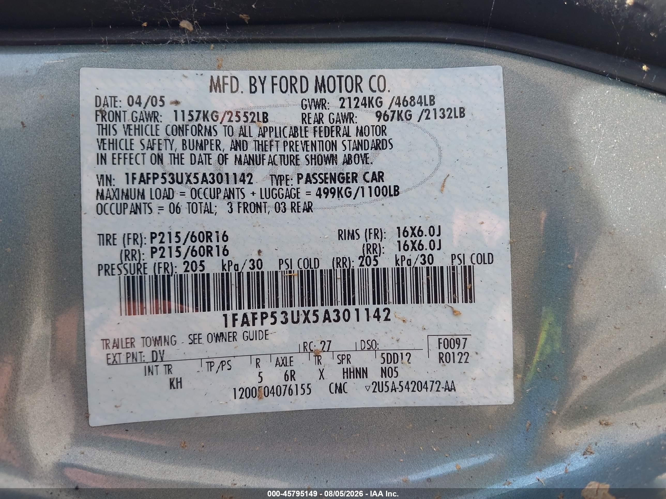 2005 Ford Taurus Se Green vin: 1FAFP53UX5A301142