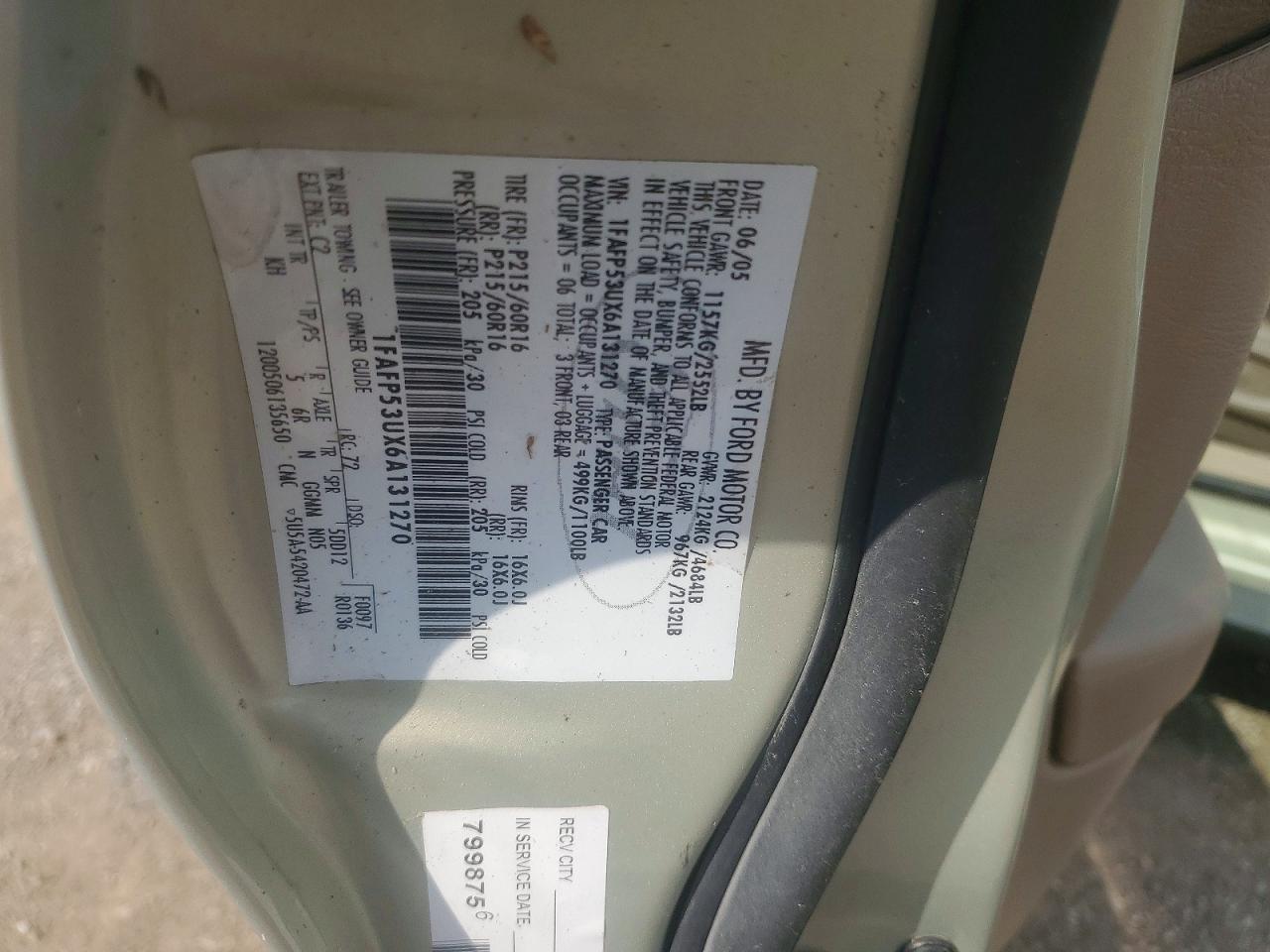 2006 Ford Taurus Se Золотой vin: 1FAFP53UX6A131270