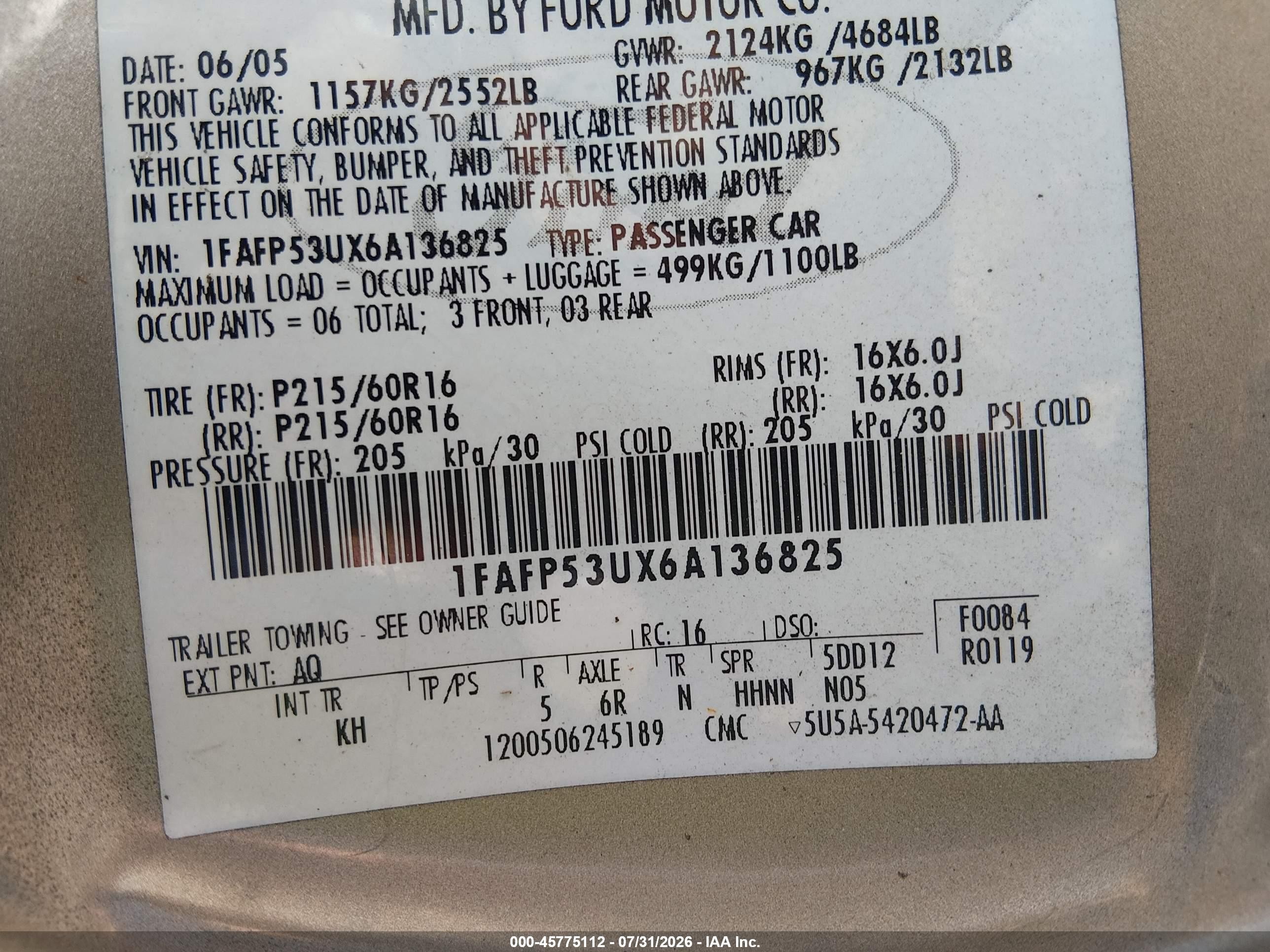 2006 Ford Taurus Se Champagne vin: 1FAFP53UX6A136825