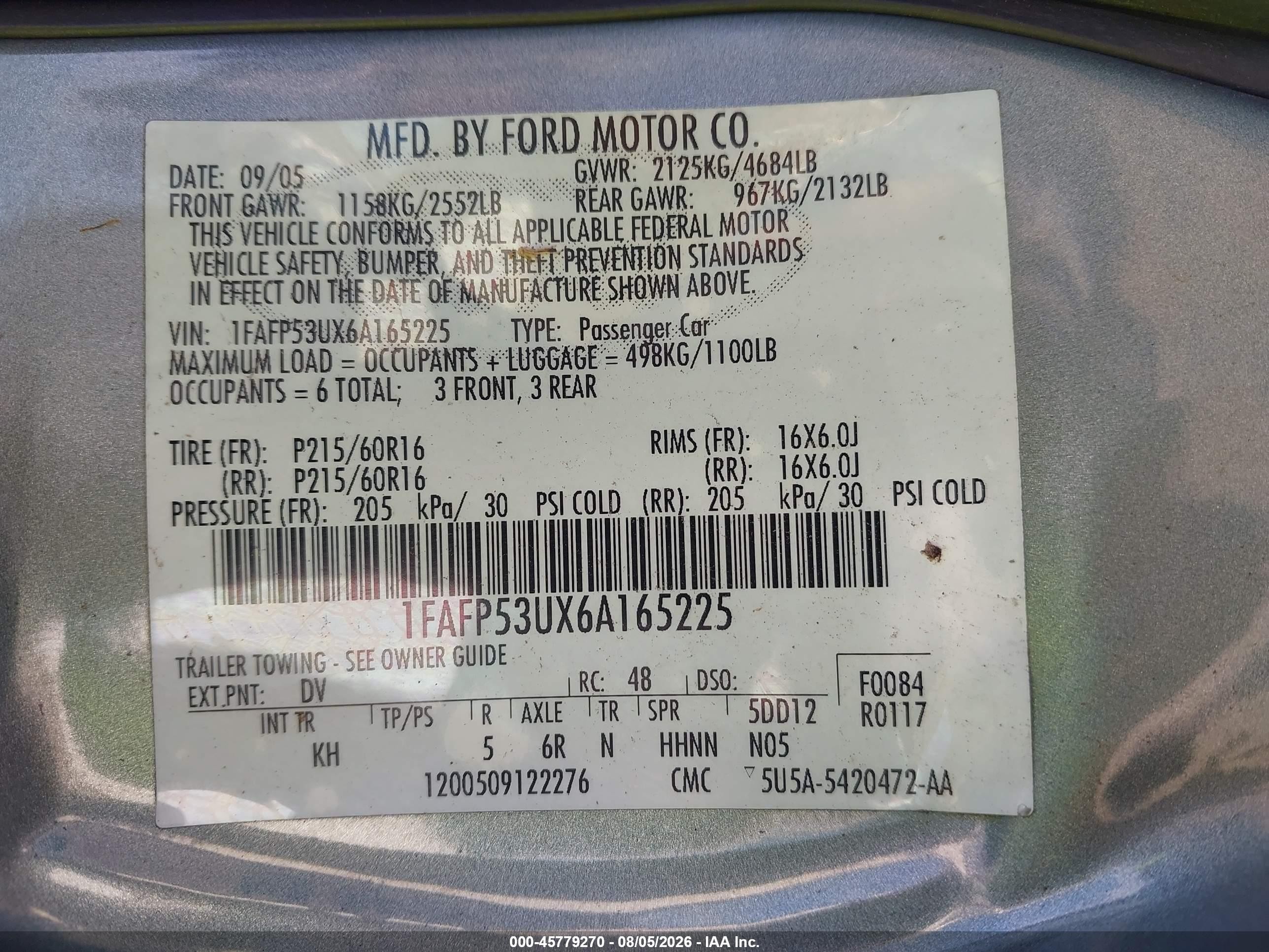 2006 Ford Taurus Se Light Blue vin: 1FAFP53UX6A165225