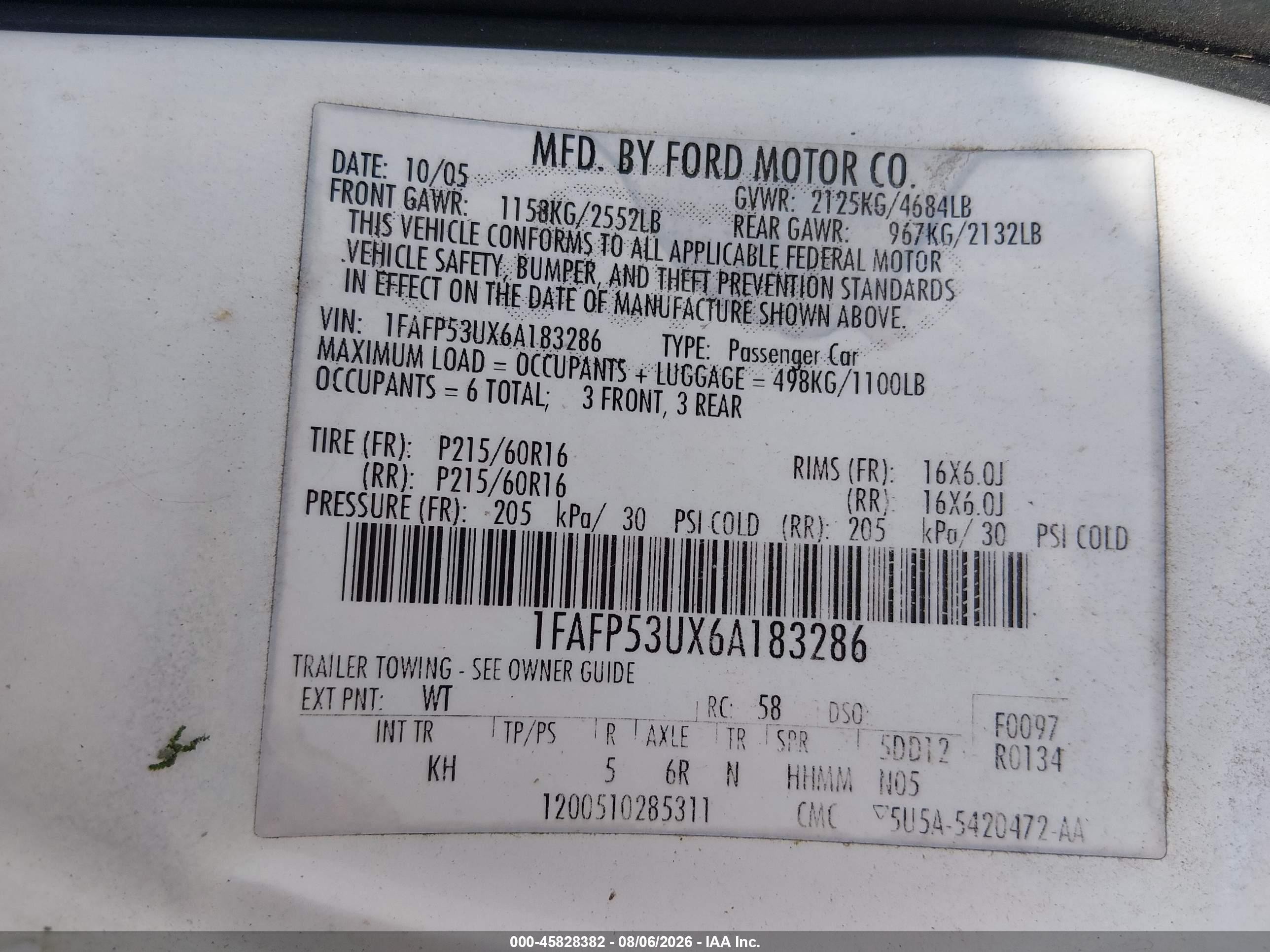 2006 Ford Taurus Se Белый vin: 1FAFP53UX6A183286