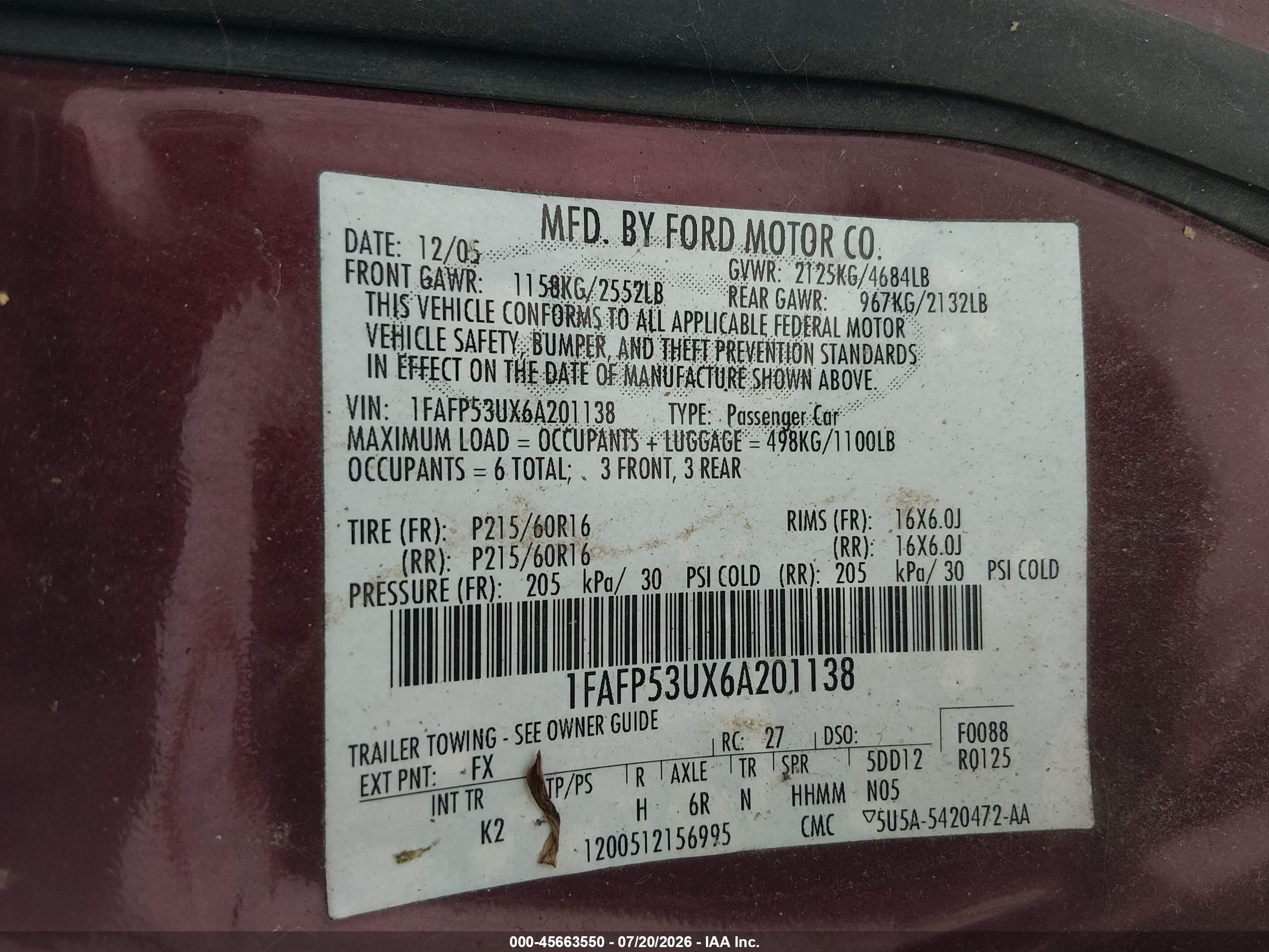 2006 Ford Taurus Se Red vin: 1FAFP53UX6A201138