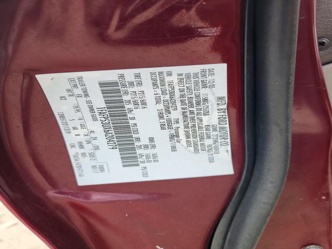 2006 Ford Taurus Se Maroon vin: 1FAFP53UX6A204279