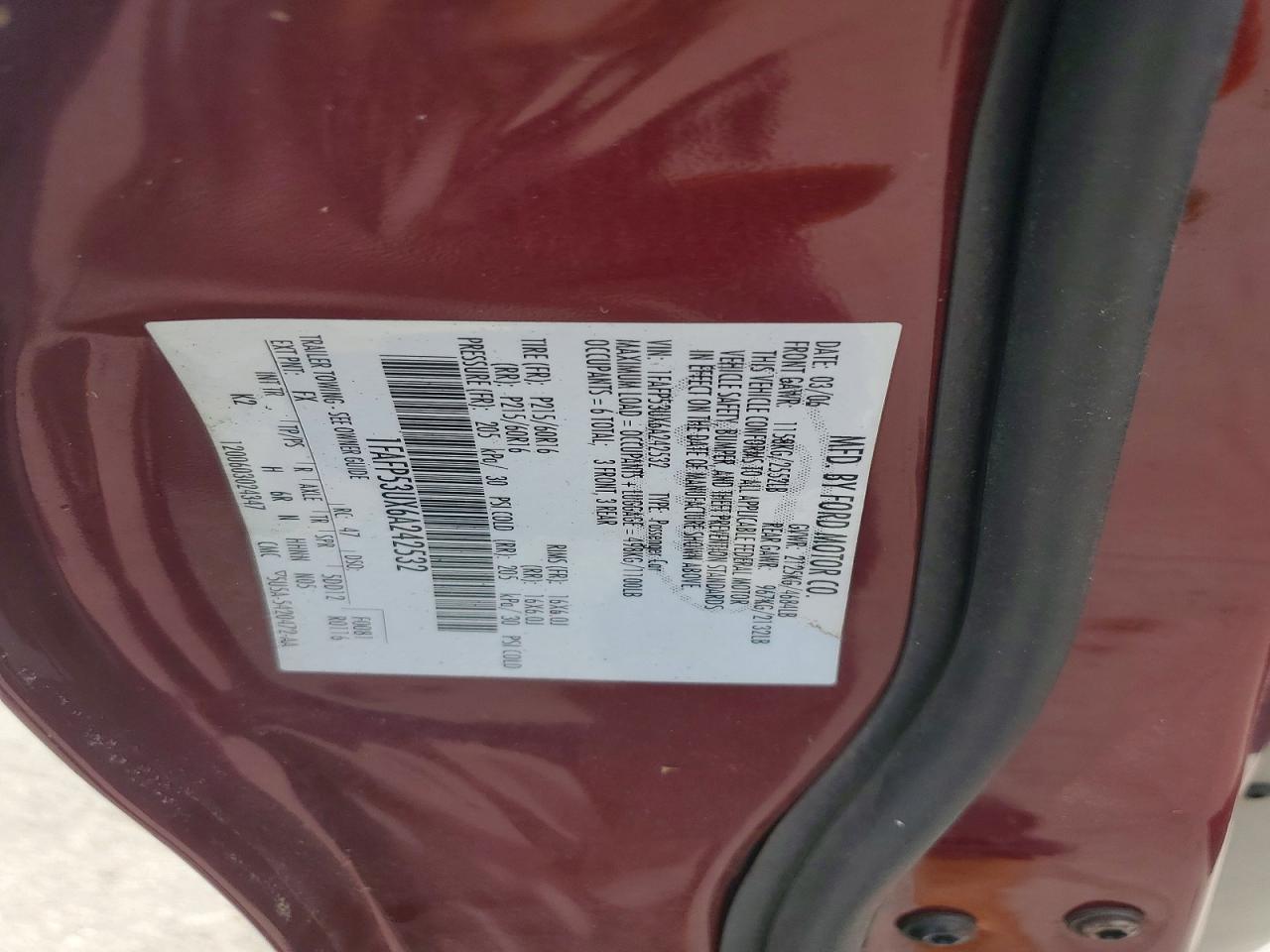 2006 Ford Taurus Se Maroon vin: 1FAFP53UX6A242532