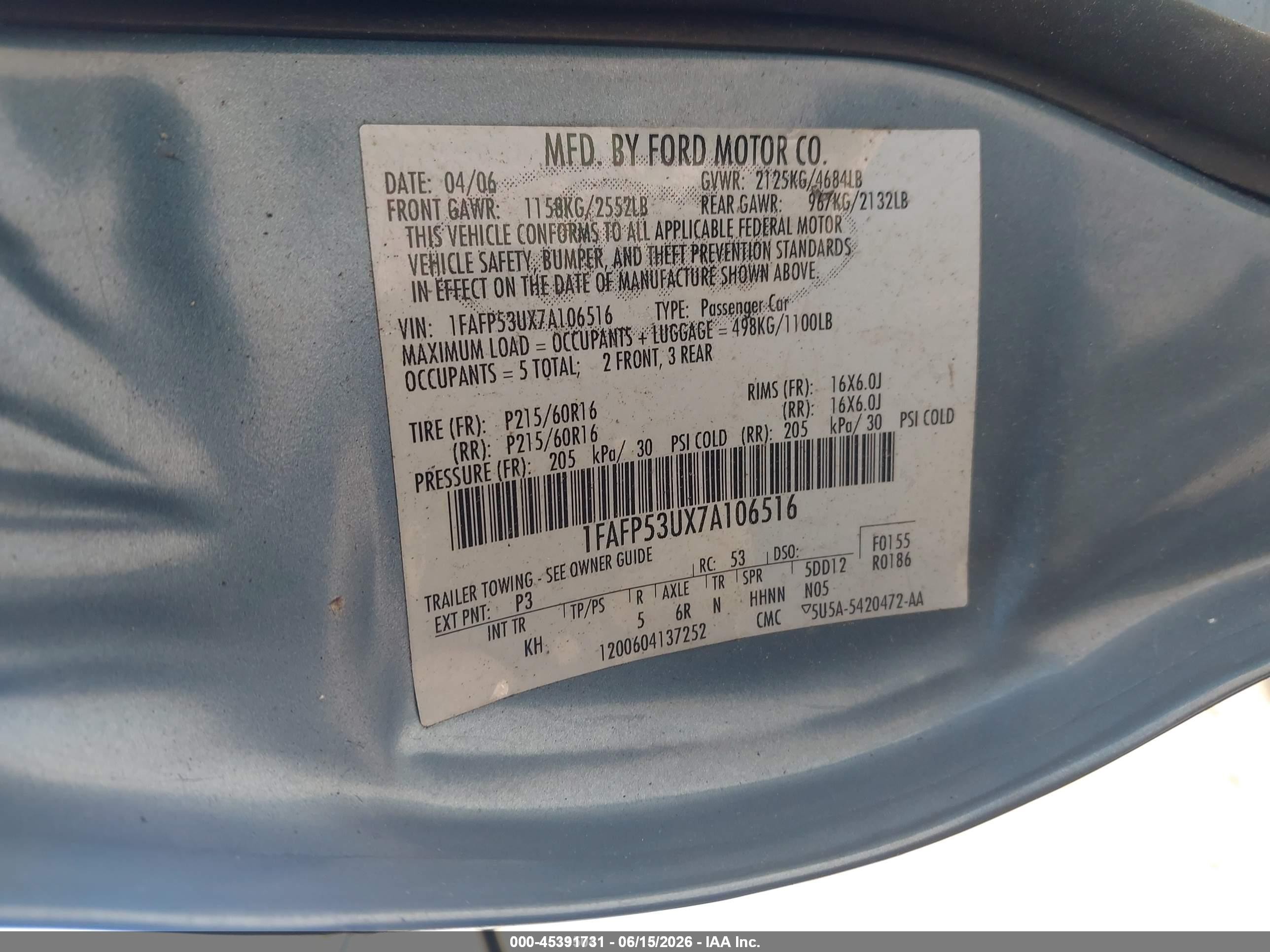 2007 Ford Taurus Se Blue vin: 1FAFP53UX7A106516